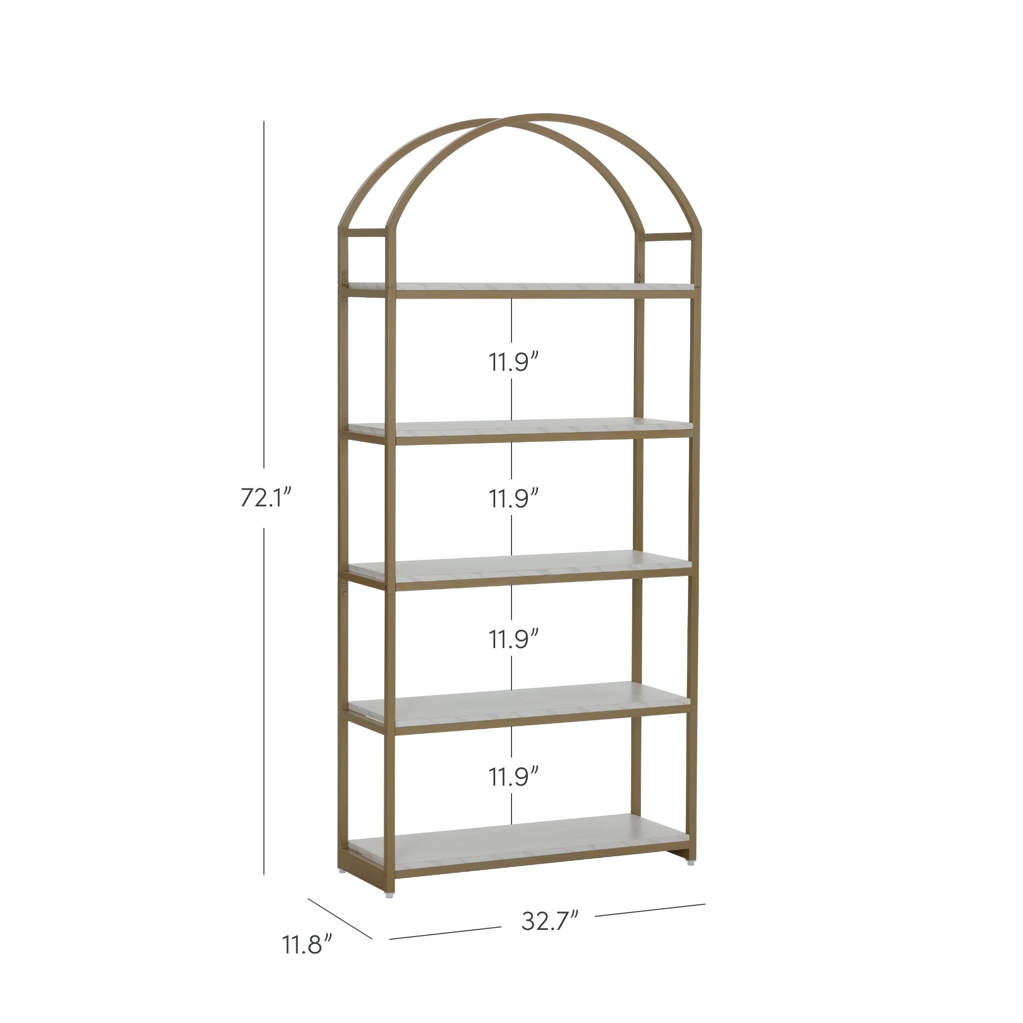 A gold arched bookshelf with five white shelves. The bookshelf measures 72.1 inches tall, 32.7 inches wide, and 11.8 inches deep. Each shelf is spaced 11.9 inches apart.
