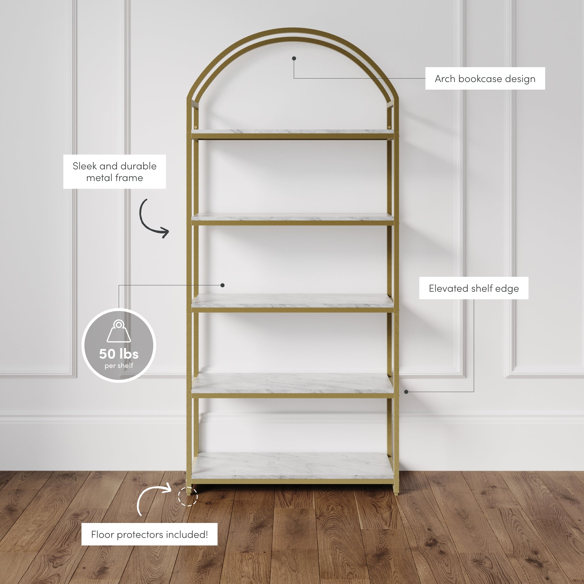 A gold metal arch bookcase with five marble-look shelves stands against a white paneled wall on a wooden floor. Labeled features highlight its arch design, elevated shelf edge, floor protectors, and 50 lbs per shelf limit.
