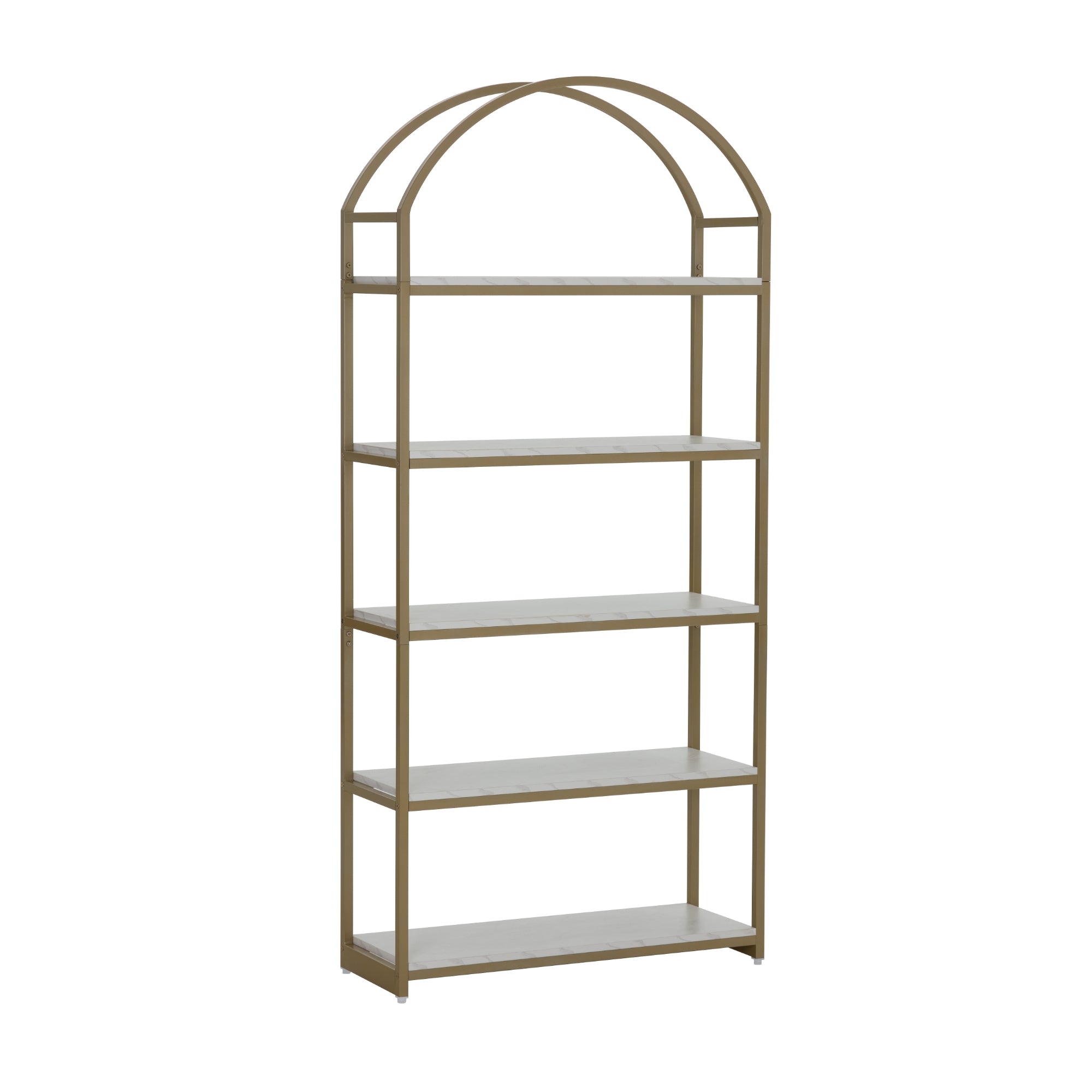 A tall, gold metal bookshelf with five white shelves and an arched top, standing against a plain white background.