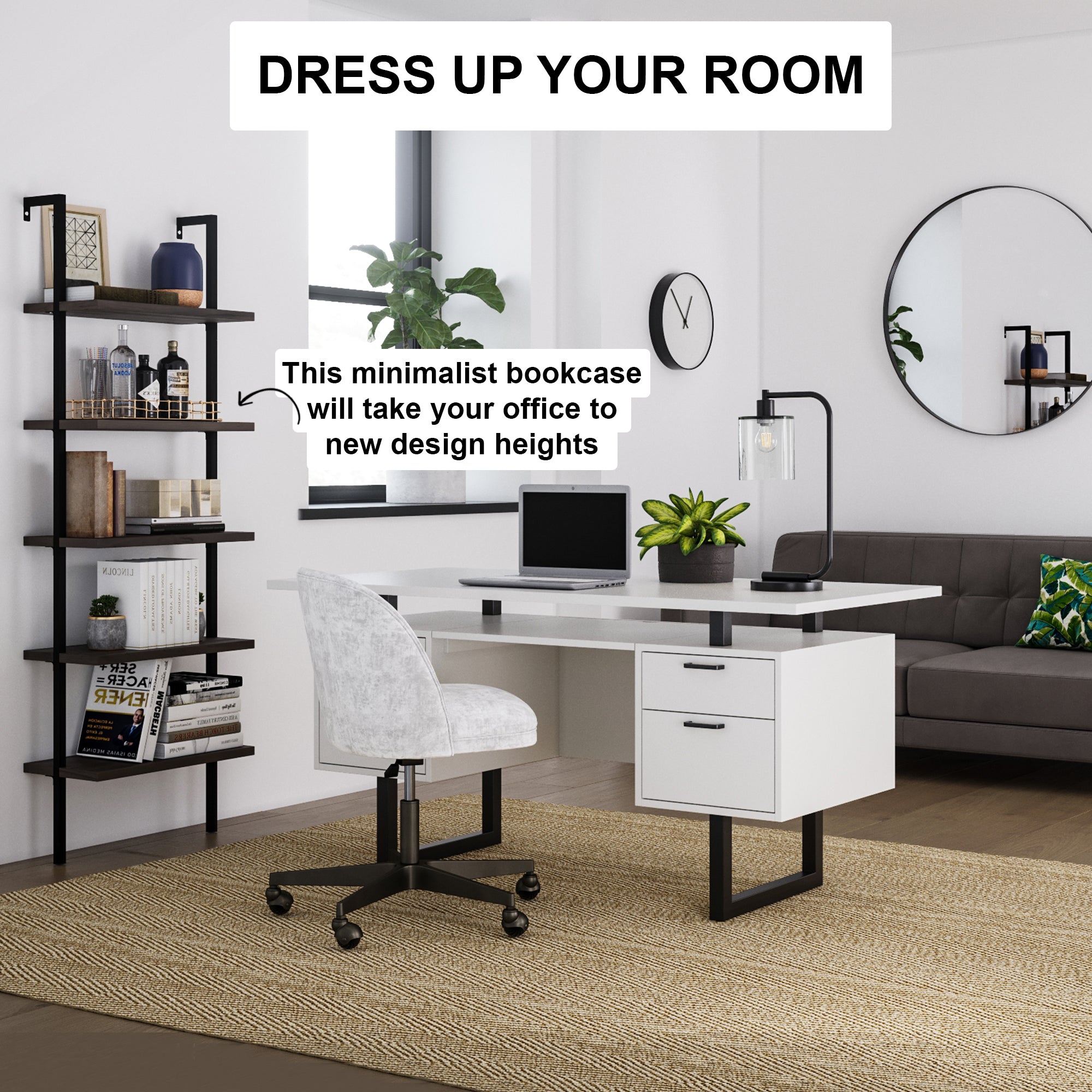 Modern home office with a white desk, swivel chair, black minimalist bookcase, laptop, desk lamp, and sofa. Large windows provide natural light; text overlays promote stylish room and bookcase design.