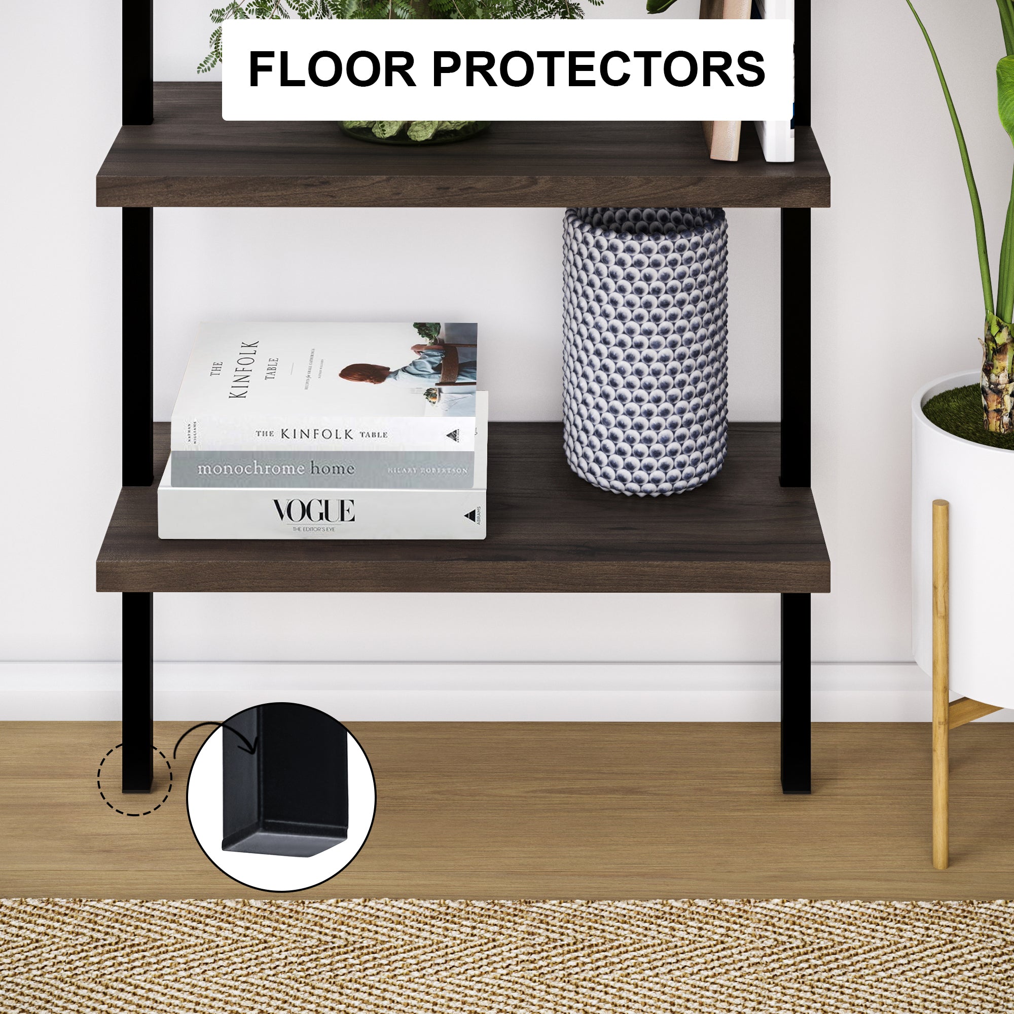 A close-up of a dark wooden shelf with books, a plant, and a textured container; a circular inset shows the shelf’s black leg with a floor protector. Text reads FLOOR PROTECTORS.