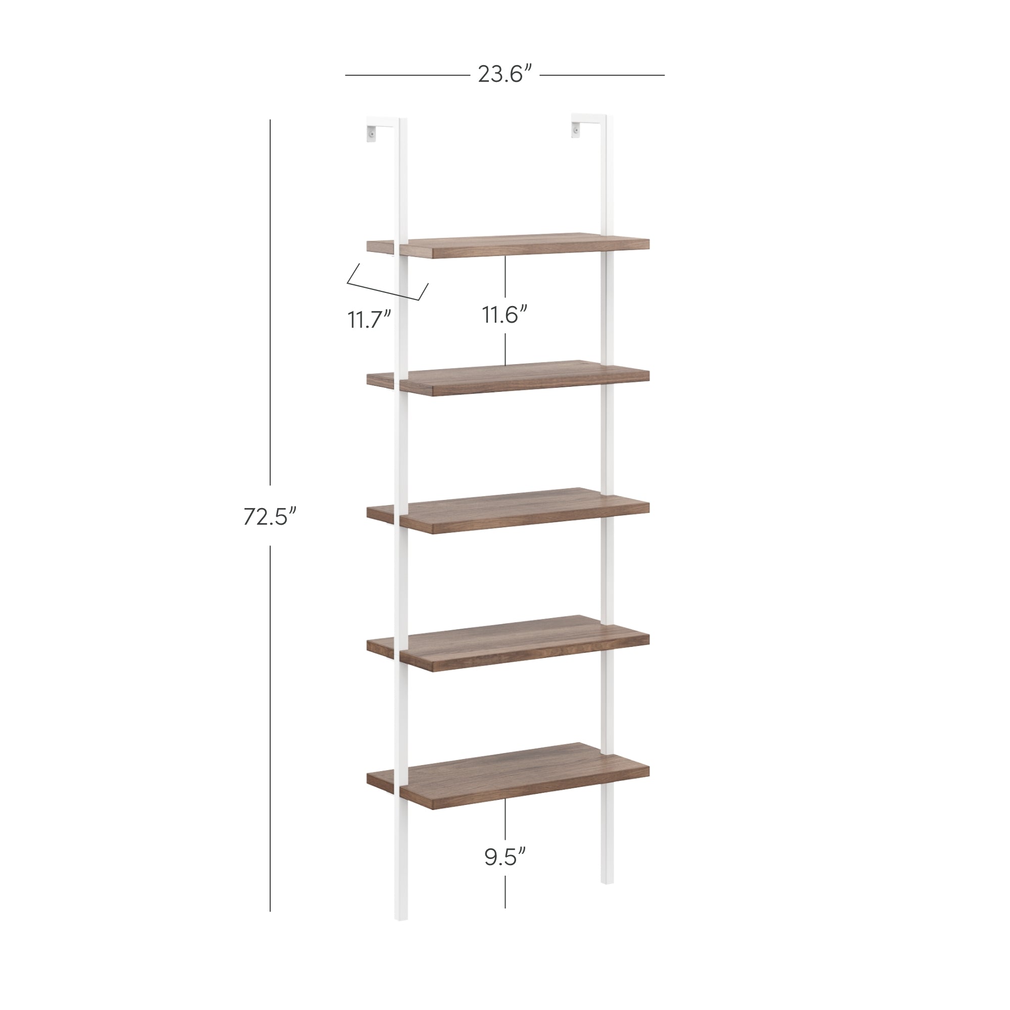 Tall shelving unit with five wooden shelves, white metal supports, and measurements: 72.5 inches high, 23.6 inches wide, each shelf is 9.5 inches deep and spaced 11.6 to 11.7 inches apart.