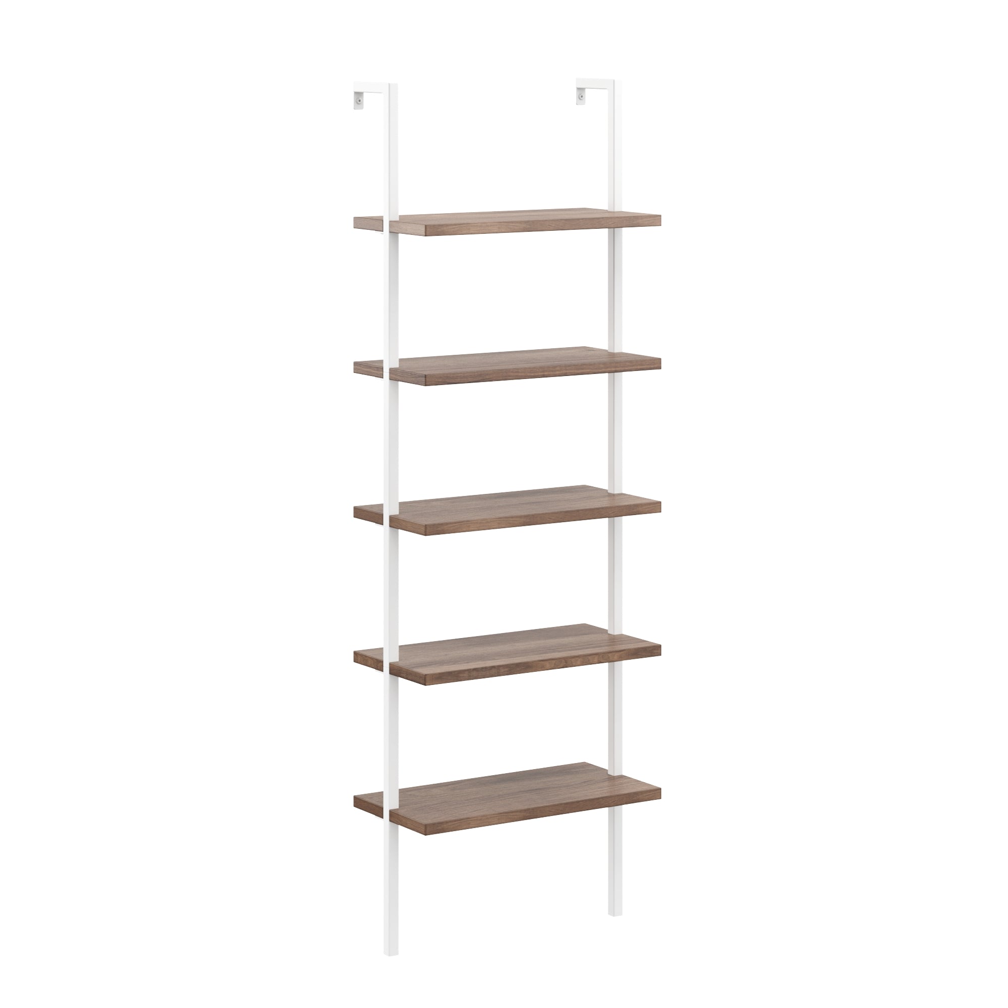 A modern wall-mounted shelving unit with five wooden shelves and white metal supports, shown against a white background.