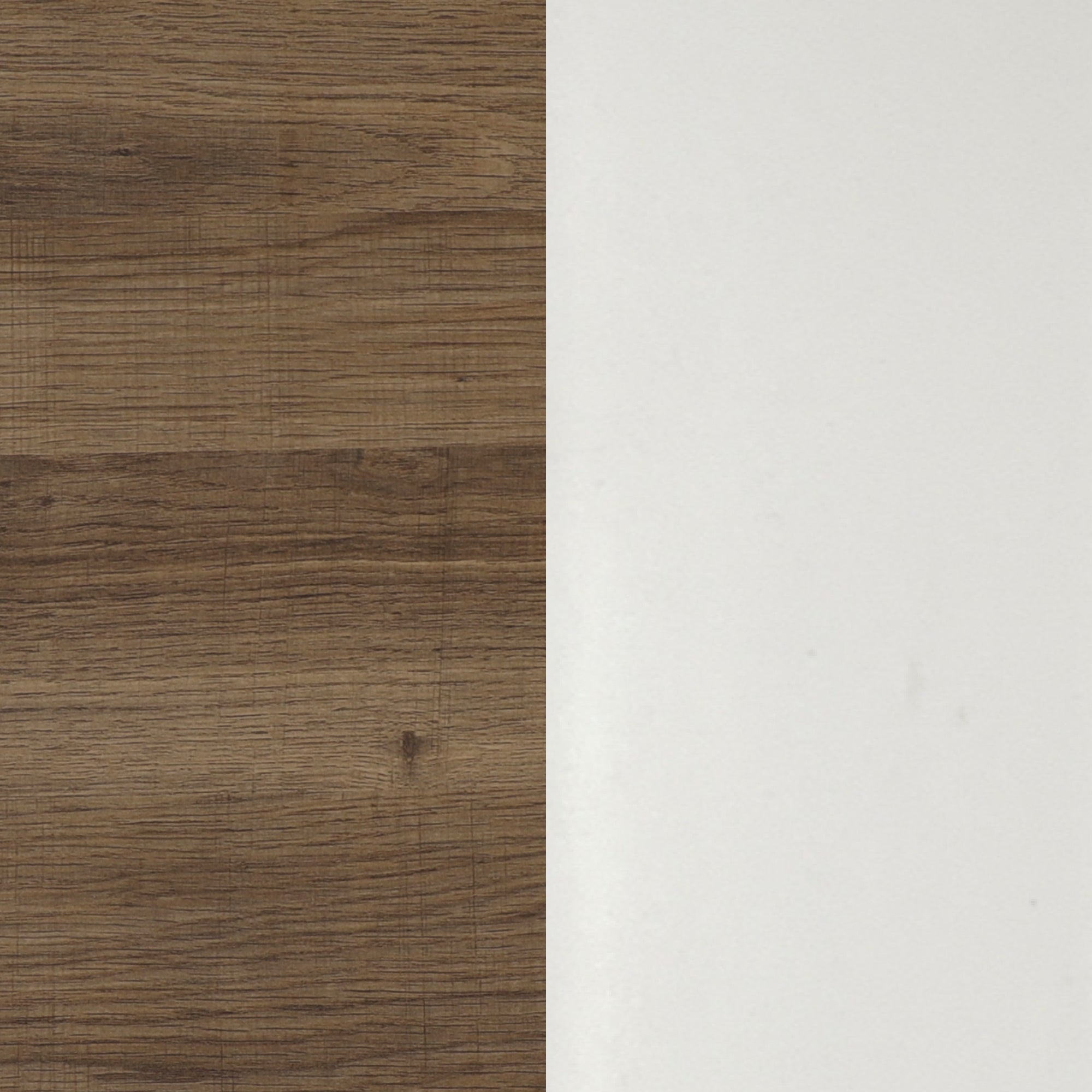 A surface divided vertically: the left half shows a textured brown wood pattern, while the right half is a smooth, solid off-white color.