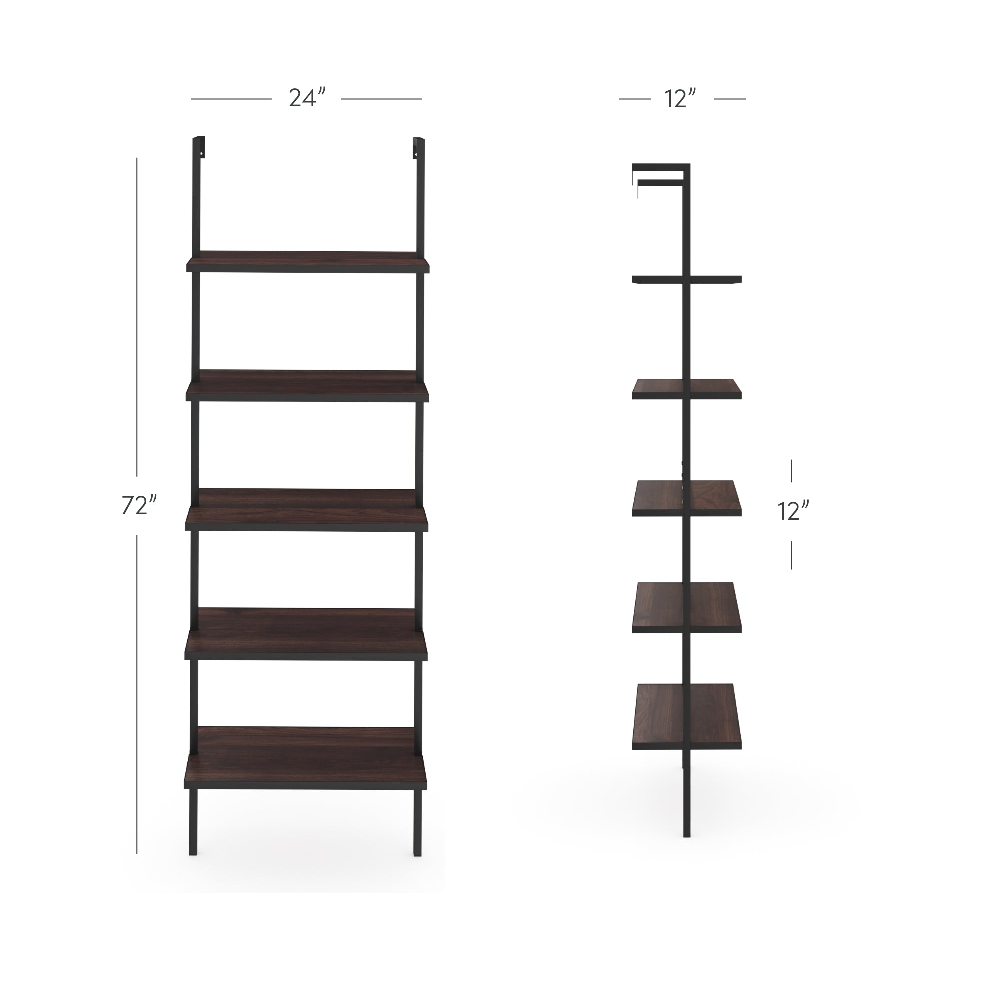 A dark wood and metal wall bookshelf with five shelves, measuring 72 inches tall, 24 inches wide, and 12 inches deep. The shelves are evenly spaced 12 inches apart. Front and side views shown.