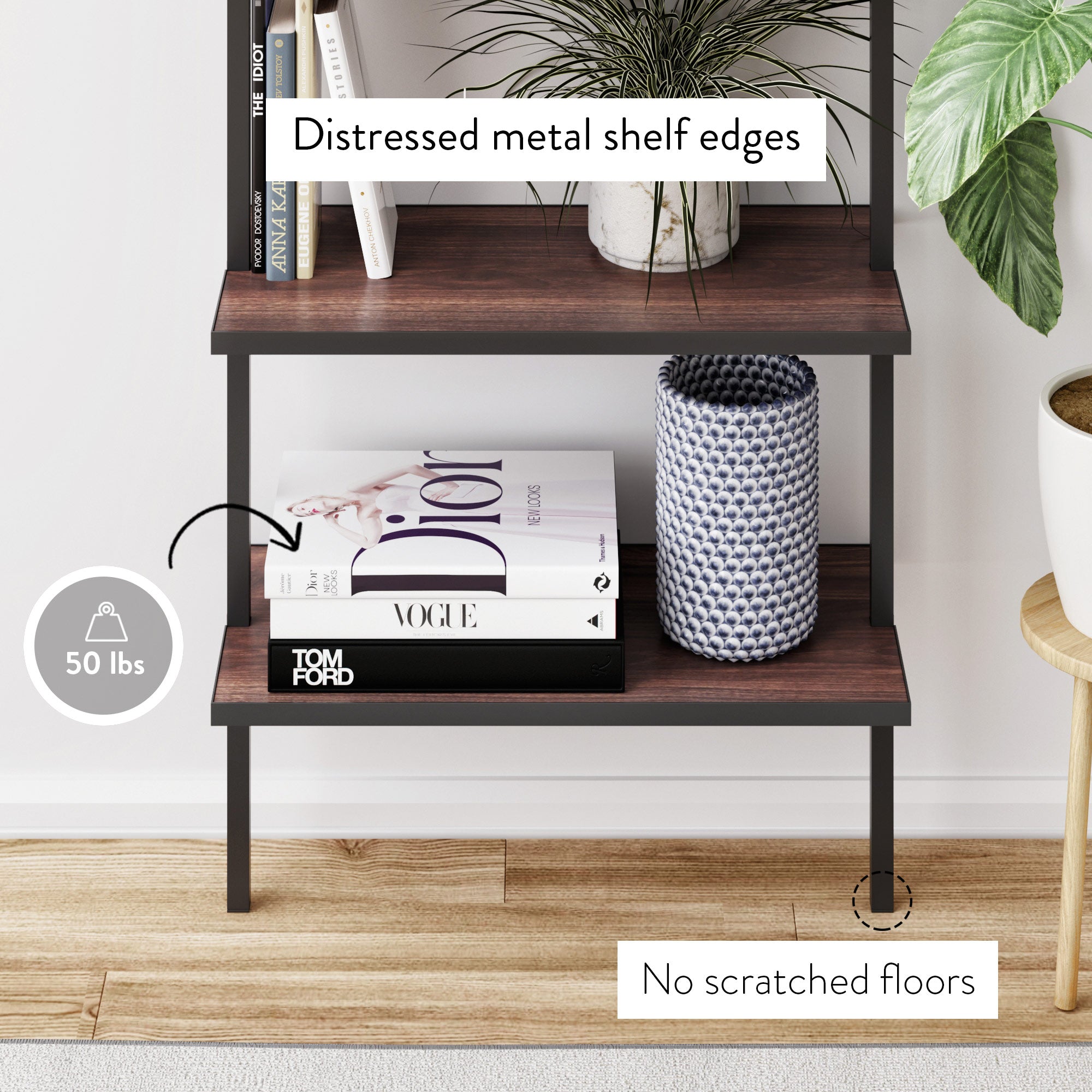 A dark wood and metal shelf holds books, a plant, and a textured vase. Labels highlight distressed metal shelf edges, a 50 lbs weight limit, and no scratched floors with a protective pad under a shelf leg.