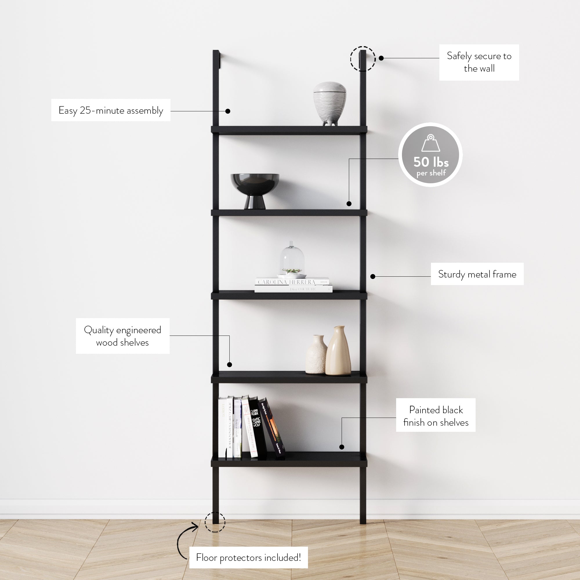 Black five-tier wall-mounted shelving unit with metal frame and black wood shelves, holding books and decor. Labels highlight features: 25-minute assembly, sturdy metal frame, 50 lb weight limit, painted shelves, secure to wall, and floor protectors.
