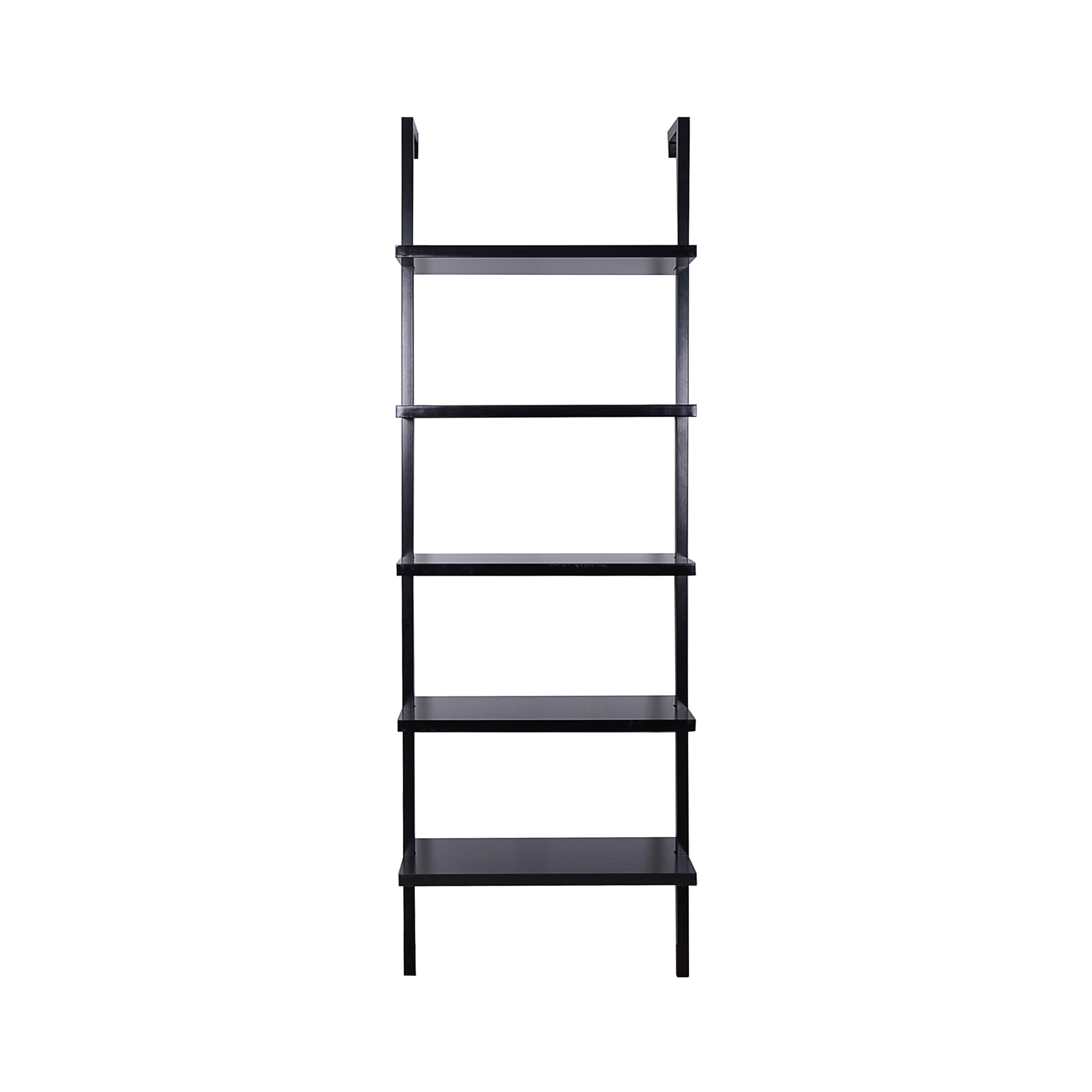 A black, five-tier wall-mounted shelving unit with a minimalist design, photographed against a white background.