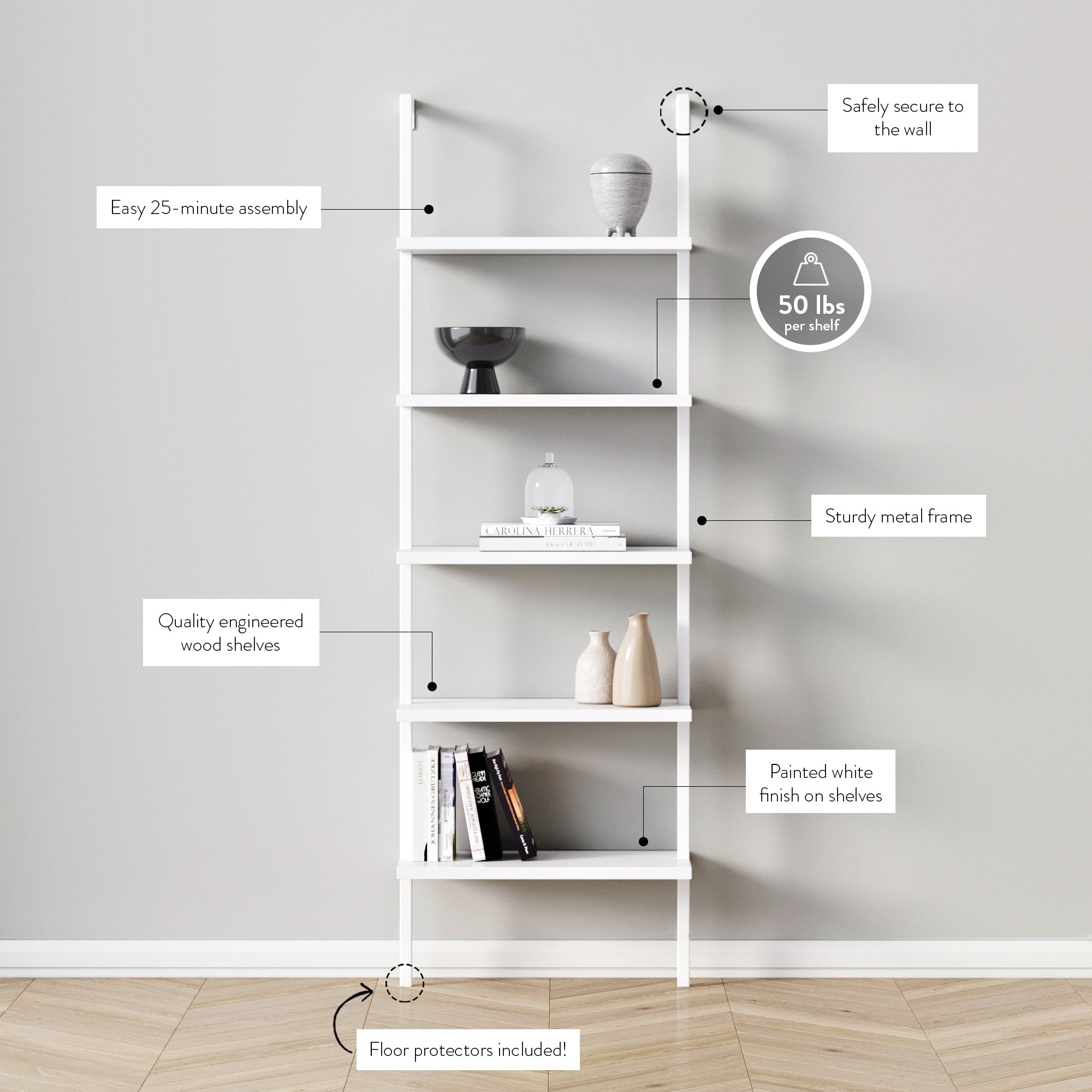 A white five-shelf bookcase stands against a gray wall, with labeled features highlighting its metal frame, shelf weight limit, easy assembly, wall safety, painted finish, engineered wood, and floor protectors.