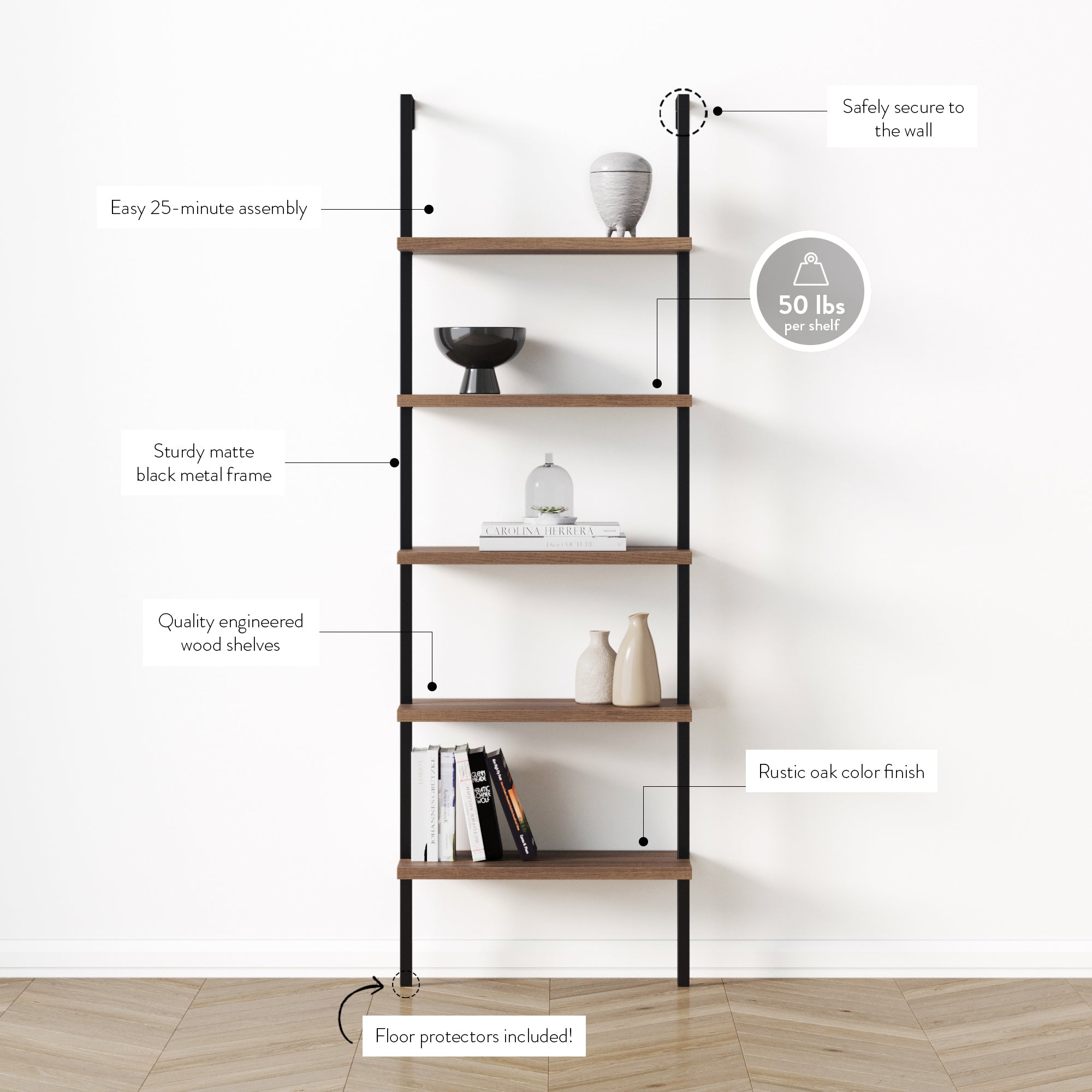 A five-tiered open bookshelf with a black metal frame and rustic oak shelves against a white wall. Callouts highlight features like 50 lbs per shelf, easy assembly, secure wall mounting, and included floor protectors.