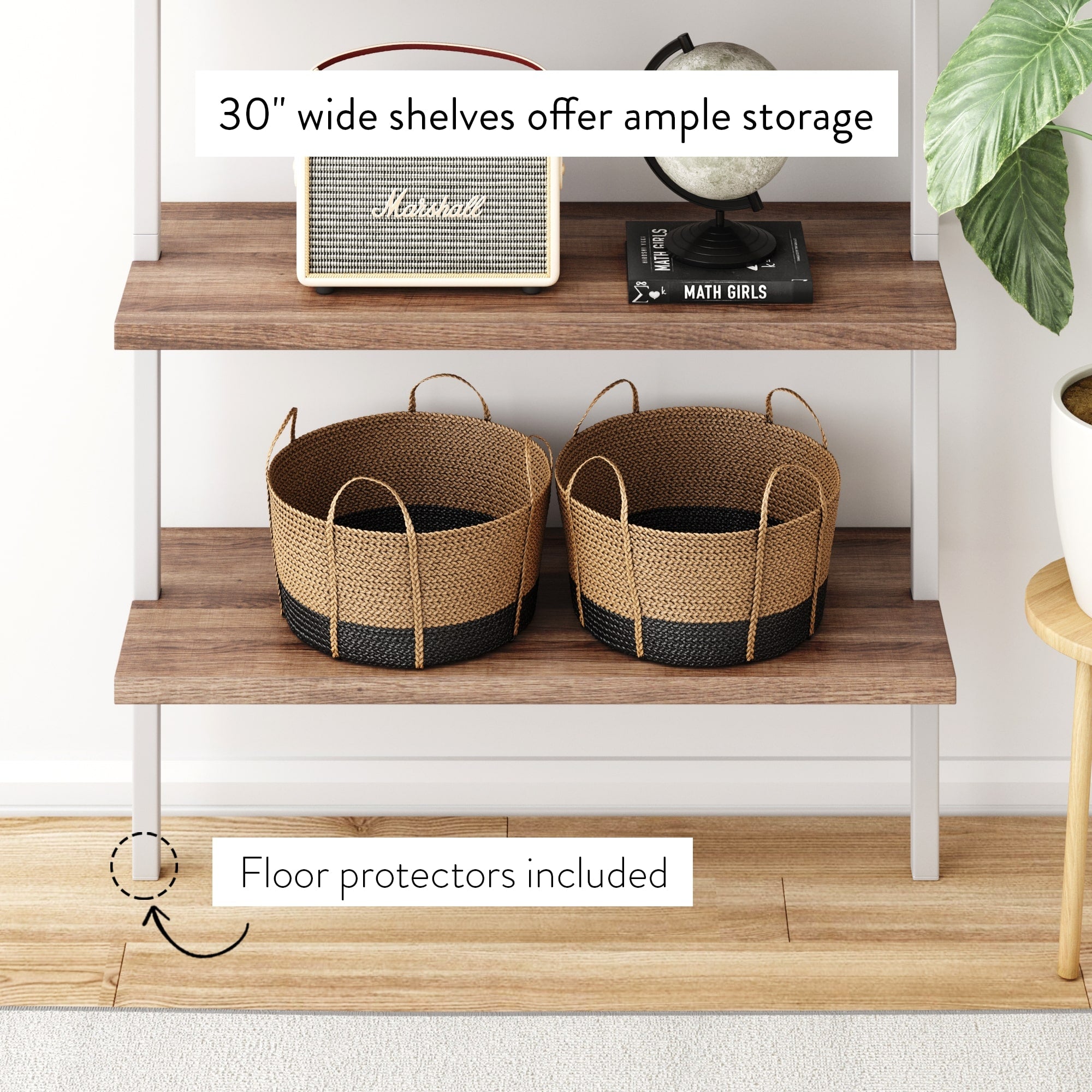 A three-tier wooden shelf holds two woven baskets, a speaker, a globe, and a book. Text highlights the 30-inch wide shelves for ample storage and notes that floor protectors are included.