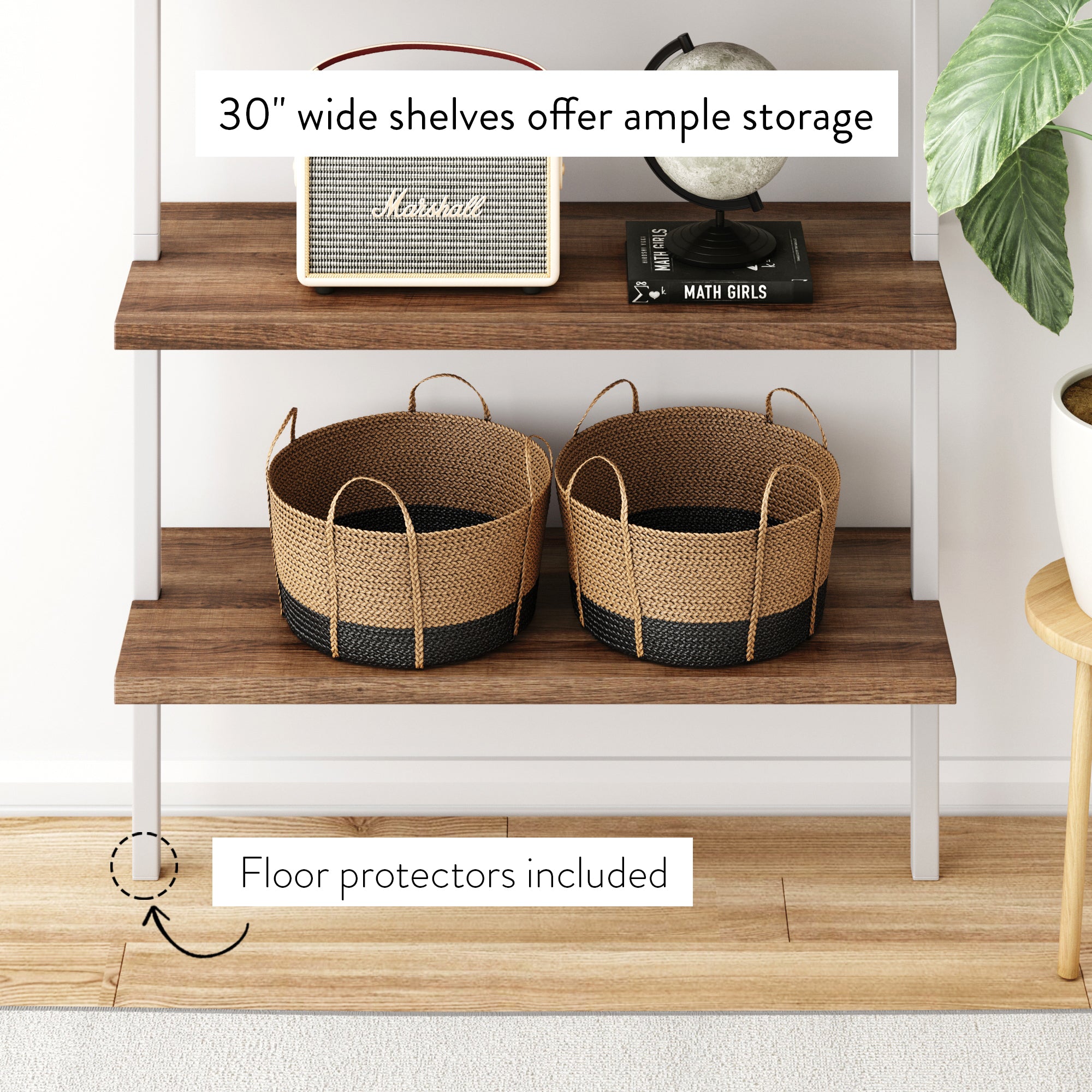 A three-tier wooden shelf with a speaker, a globe, and two woven baskets. Text labels highlight “30 wide shelves offer ample storage” and “Floor protectors included.” A plant is visible on the right.