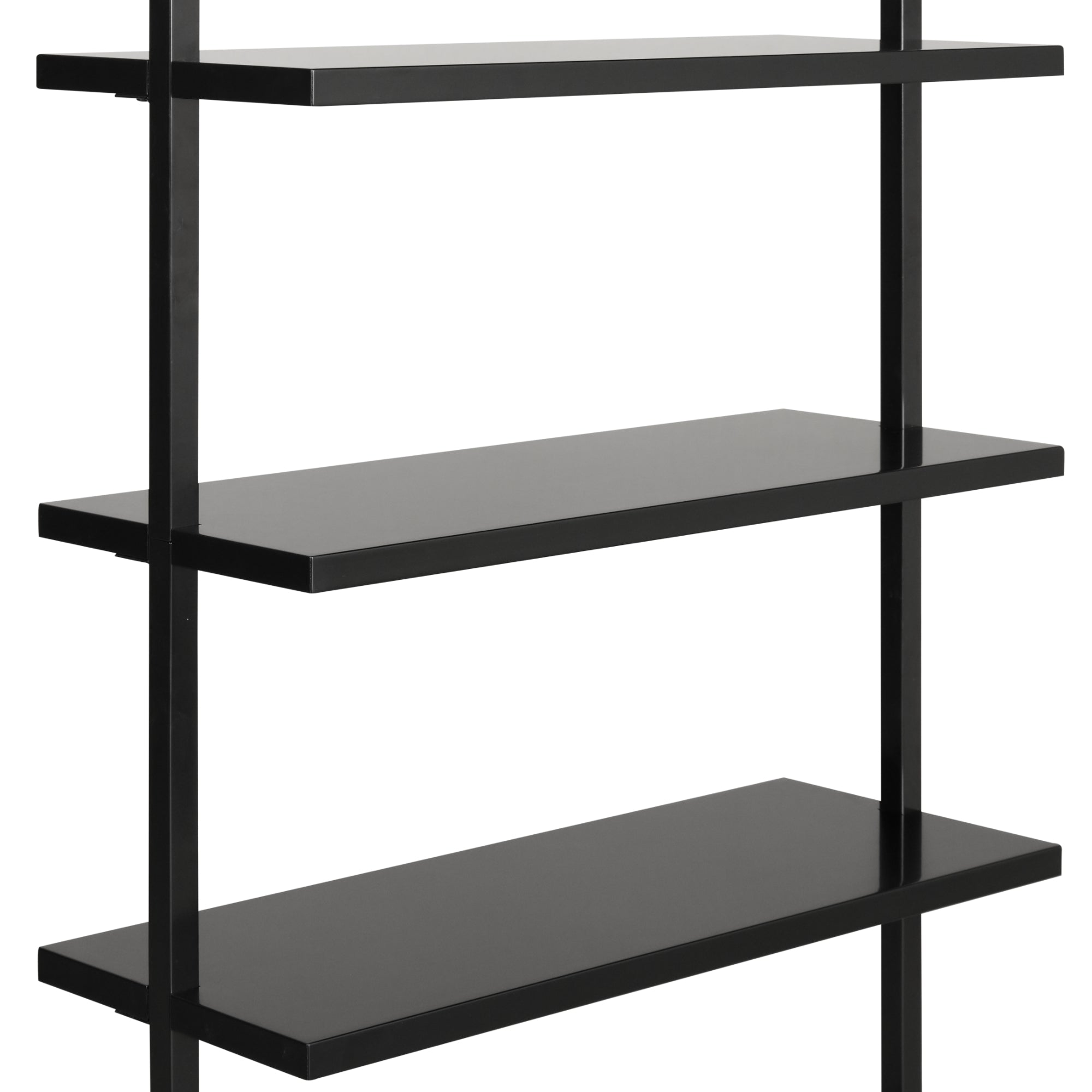 A close-up of a modern black metal shelving unit with three wide, empty shelves and minimalistic design against a white background.