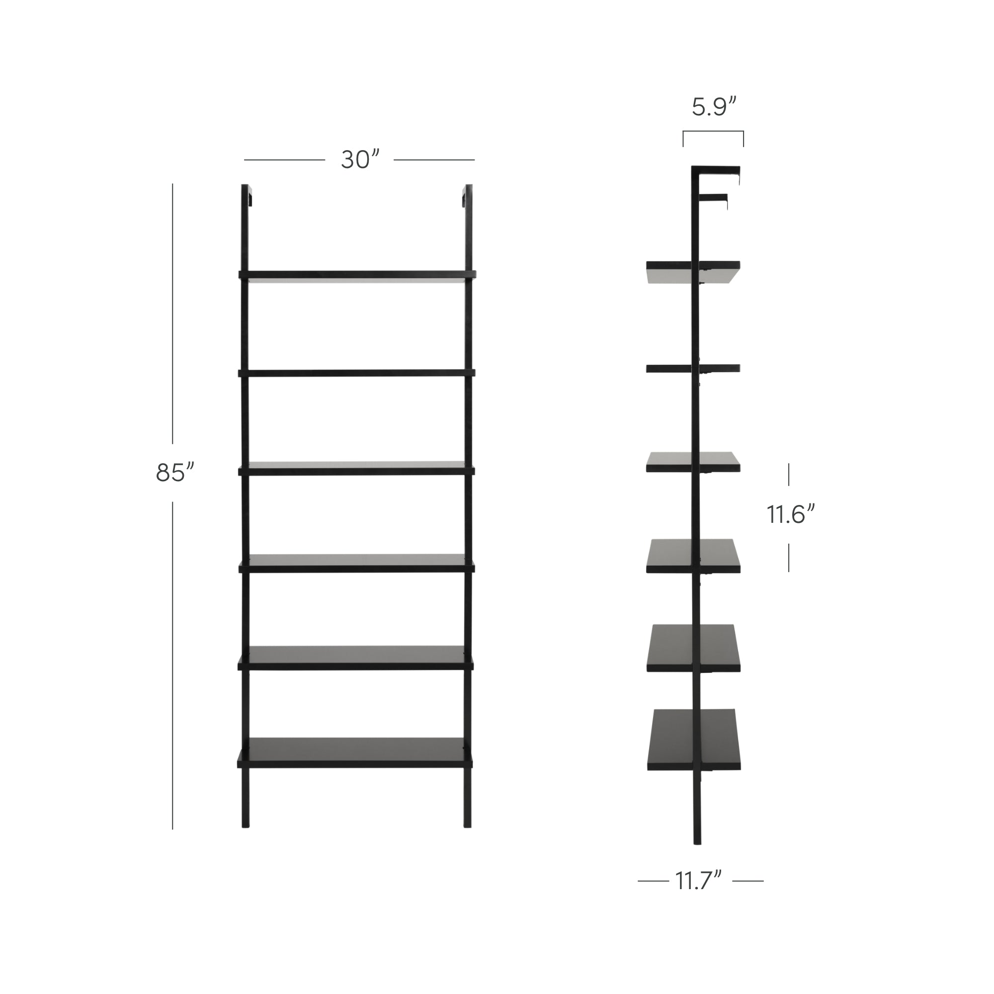 Black metal wall-mounted shelving unit with five shelves. The unit is 85 inches tall, 30 inches wide, and 11.7 inches deep. Shelves are spaced 11.6 inches apart and each shelf is 5.9 inches deep. Front and side views shown.