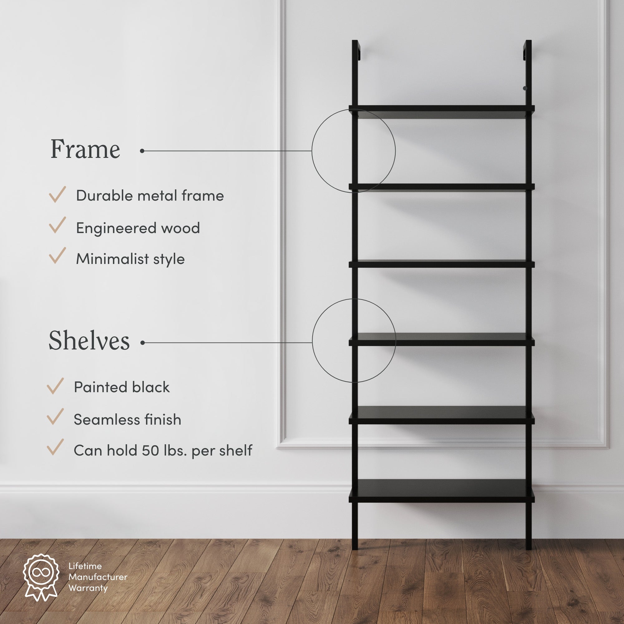 Black wall-mounted shelving unit with six shelves against a white wall and wooden floor. Text highlights its durable metal frame, minimalist style, seamless black painted shelves, and 50 lbs. weight limit per shelf.