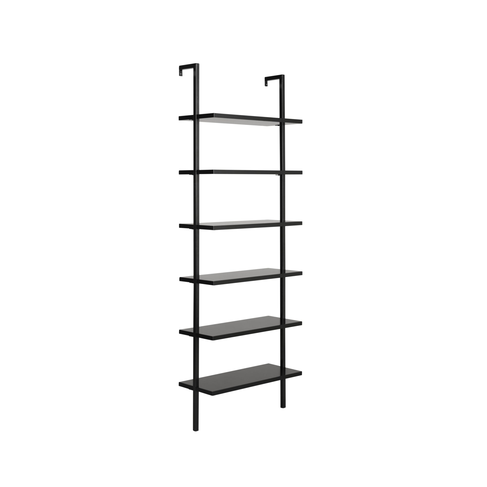 A black metal wall-mounted shelving unit with six shelves, supported by two vertical bars with hooks at the top for hanging. The design is minimalist and modern, set against a white background.