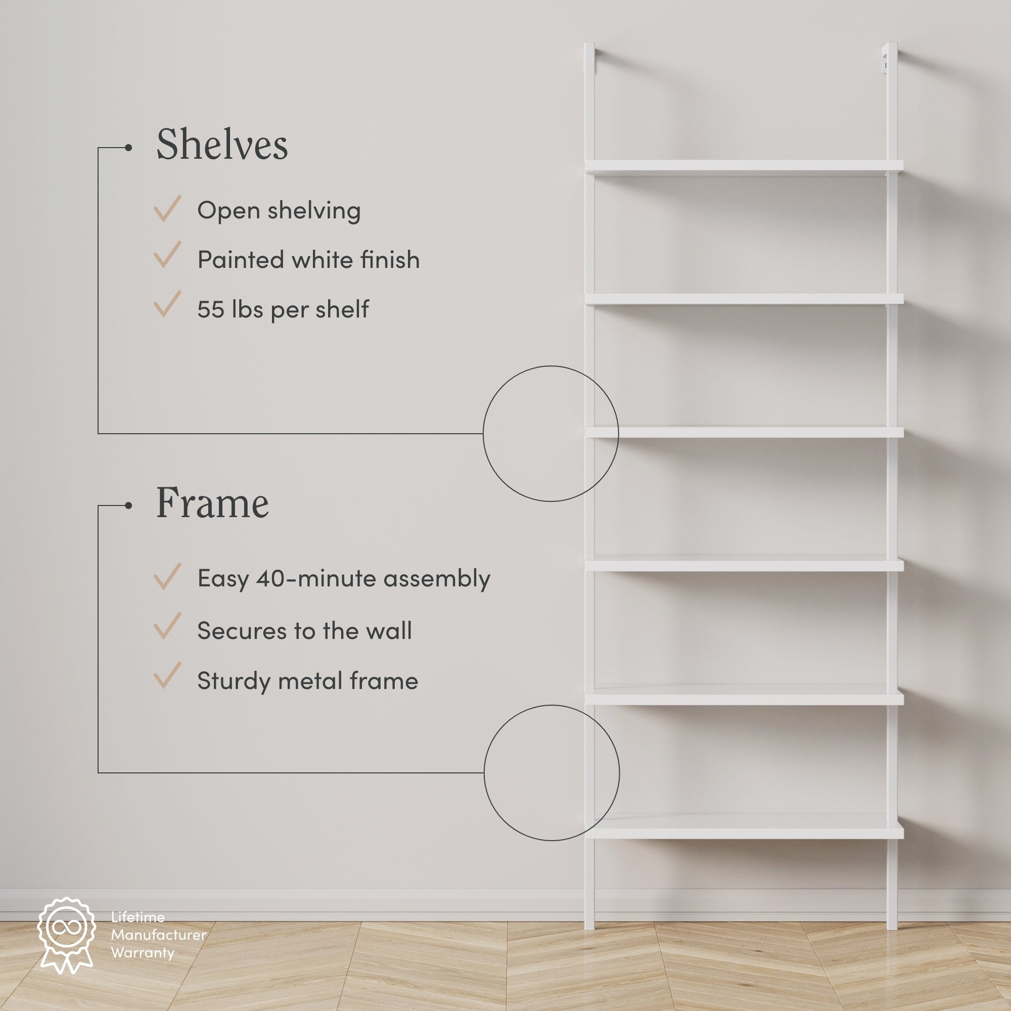 White metal shelving unit with five open shelves against a light-colored wall. Text highlights features: open shelving, painted white finish, 55 lbs per shelf, easy assembly, wall-secured, and sturdy metal frame.
