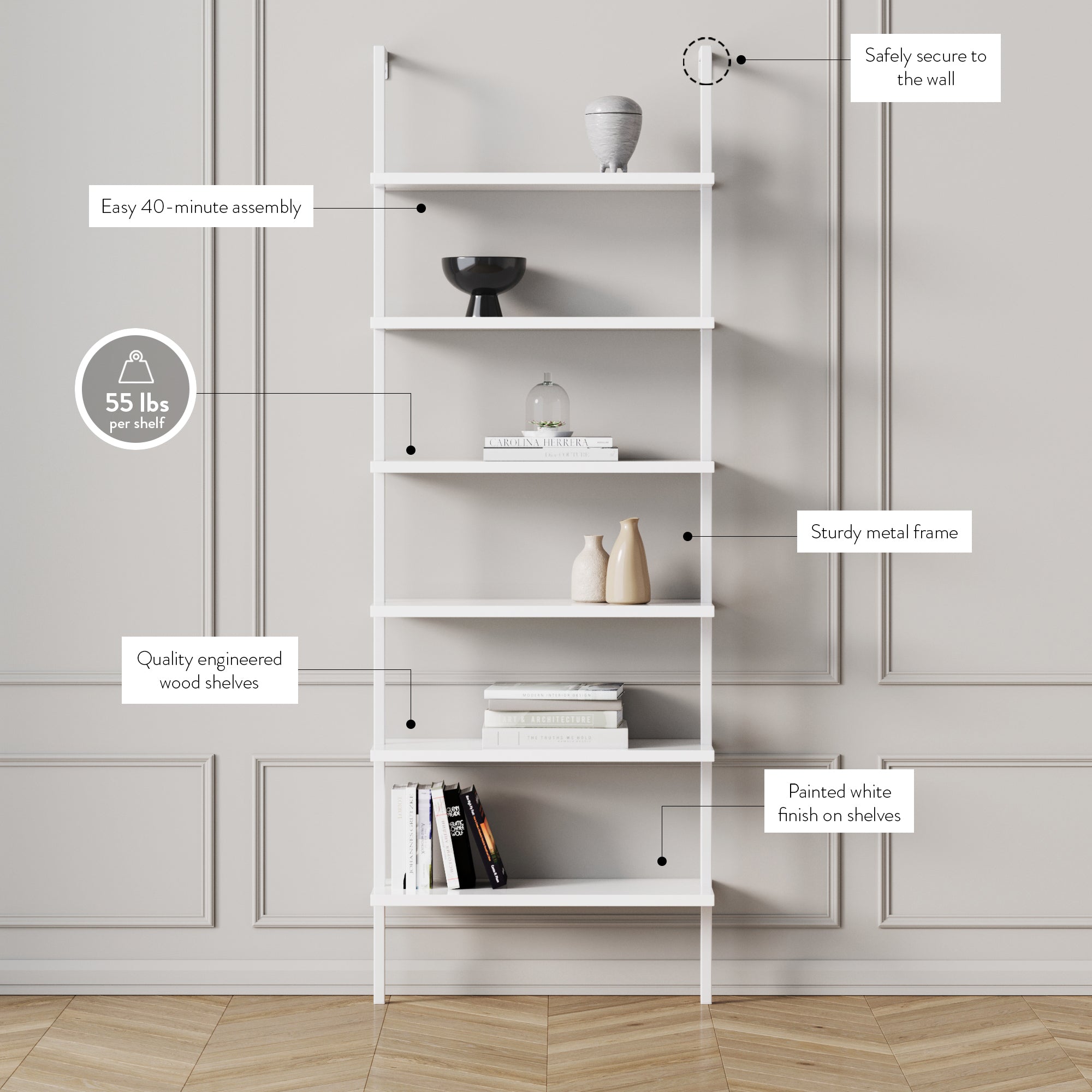 A white metal-framed bookshelf with five shelves is placed against a gray paneled wall, with labels highlighting features like 55 lbs per shelf, easy assembly, sturdy frame, secure wall mounting, and a painted white finish.