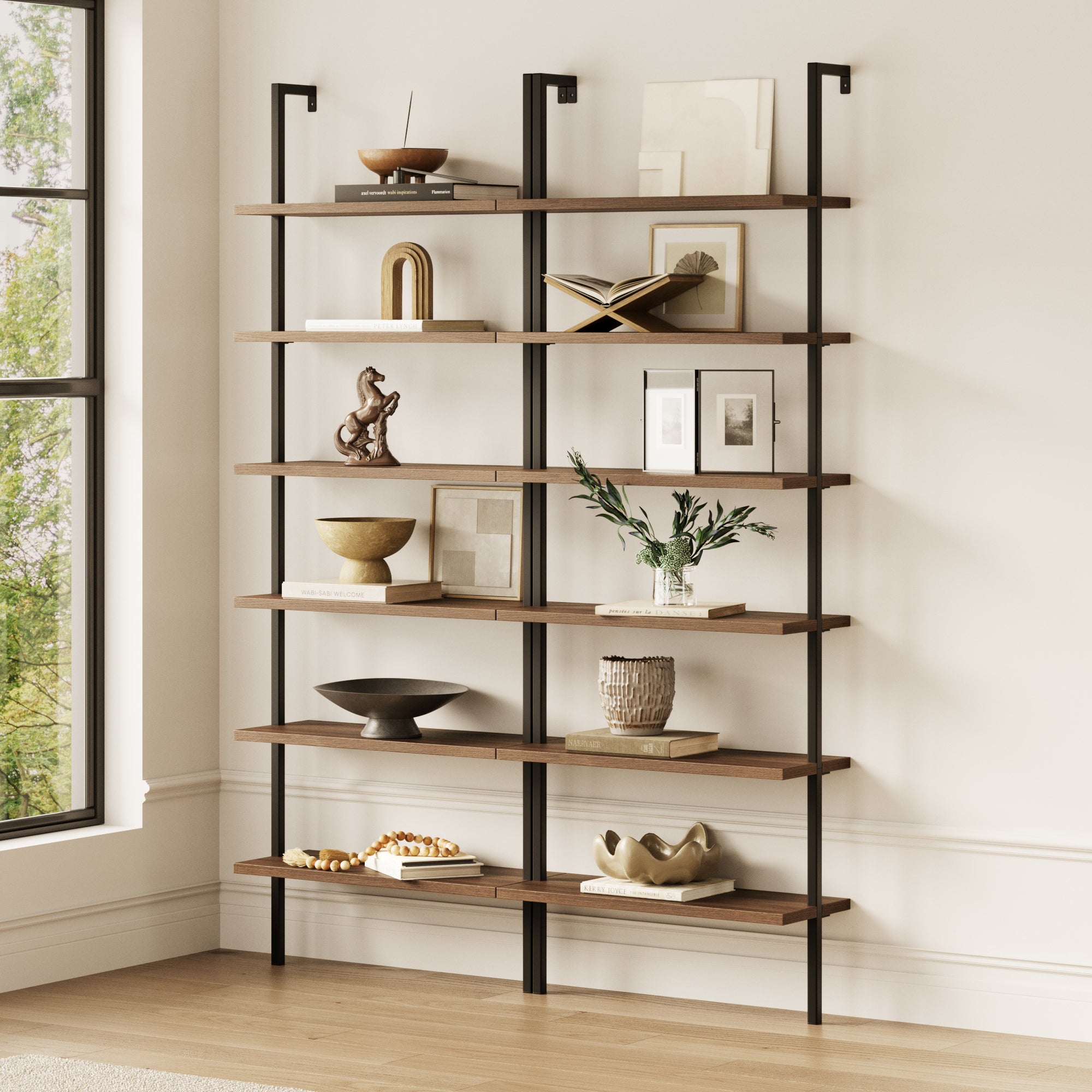 Theo 6-Shelf Bookcase Oak Matte Black Set of 2 | Nathan James