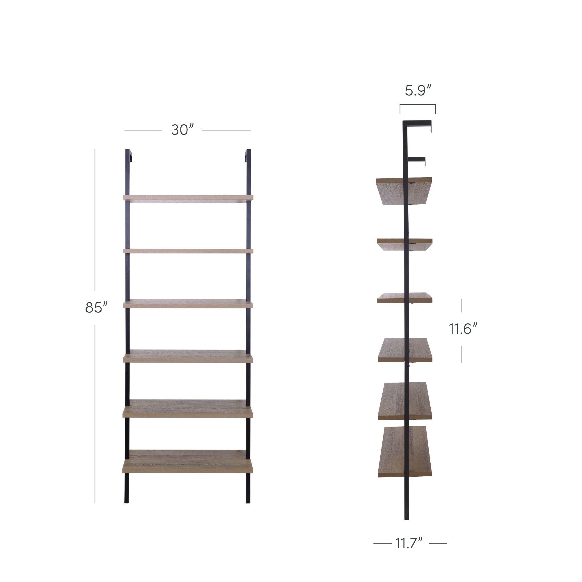 Front and side views of a five-tier wooden shelf with black metal supports. Dimensions shown are 85 tall, 30 wide, 11.7 deep, and 5.9 shelf depth; shelves are spaced 11.6 apart.
