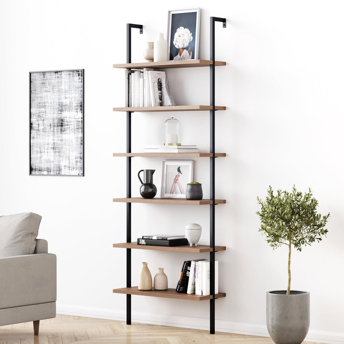 Theo Bookshelf Oak Matte Black 6-Shelf Ladder | Nathan James