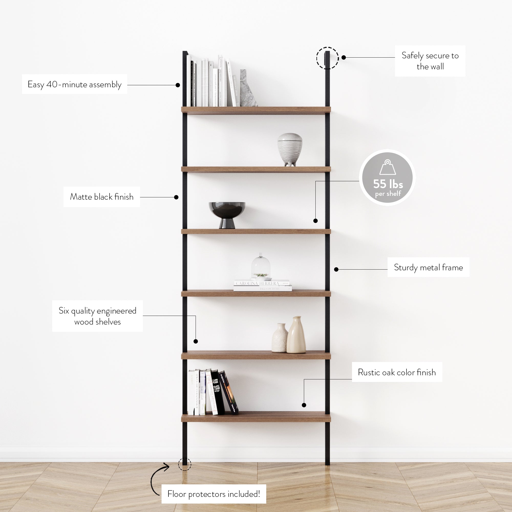 A tall bookshelf with five oak-finish wood shelves and a matte black metal frame stands against a white wall. Labels highlight features like sturdy frame, easy assembly, wall safety, and floor protectors.