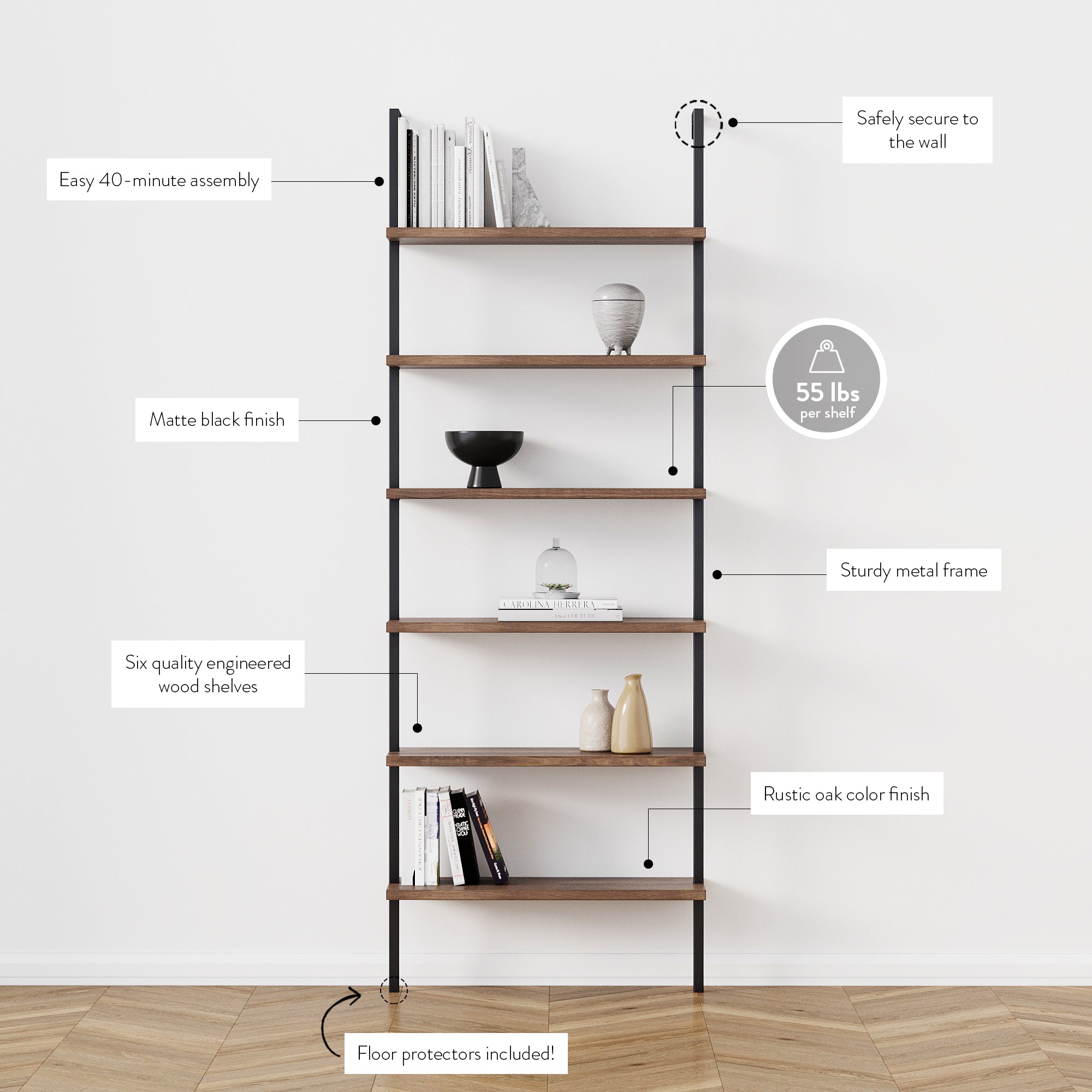 A tall bookshelf with five wooden shelves and a black metal frame stands against a white wall. Text highlights features like easy assembly, matte black finish, sturdy frame, and floor protectors. Shelf holds decor and books.