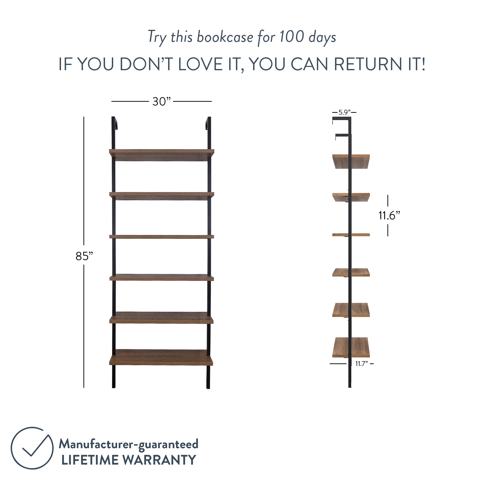 Diagram of a 5-shelf bookcase, 85” tall, 30” wide, shelf depth 11.7”, shelf spacing 11.6”, with a free 100-day return policy and a manufacturer-guaranteed lifetime warranty.