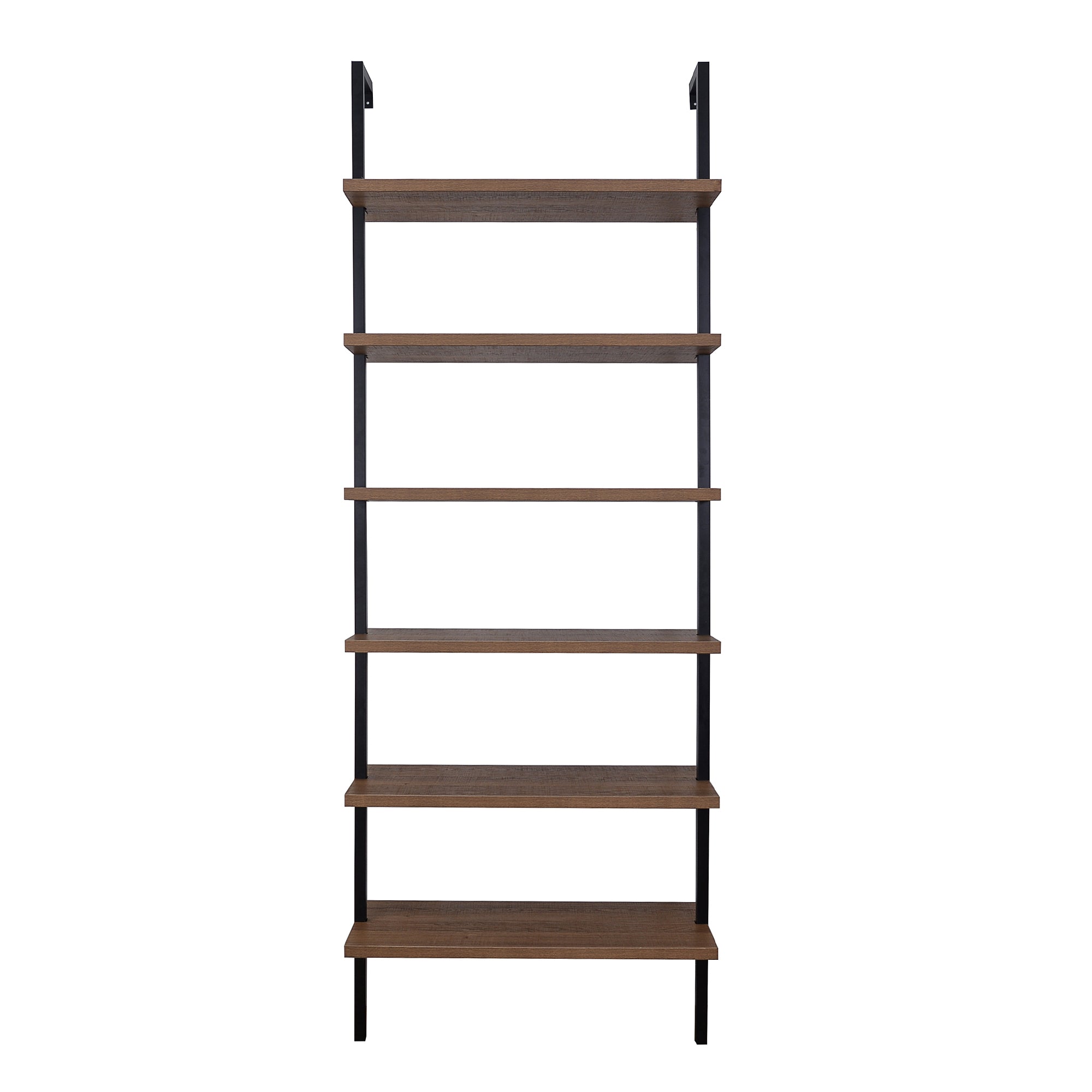 A tall, wall-mounted shelving unit with five wooden shelves and black metal supports, photographed against a white background.