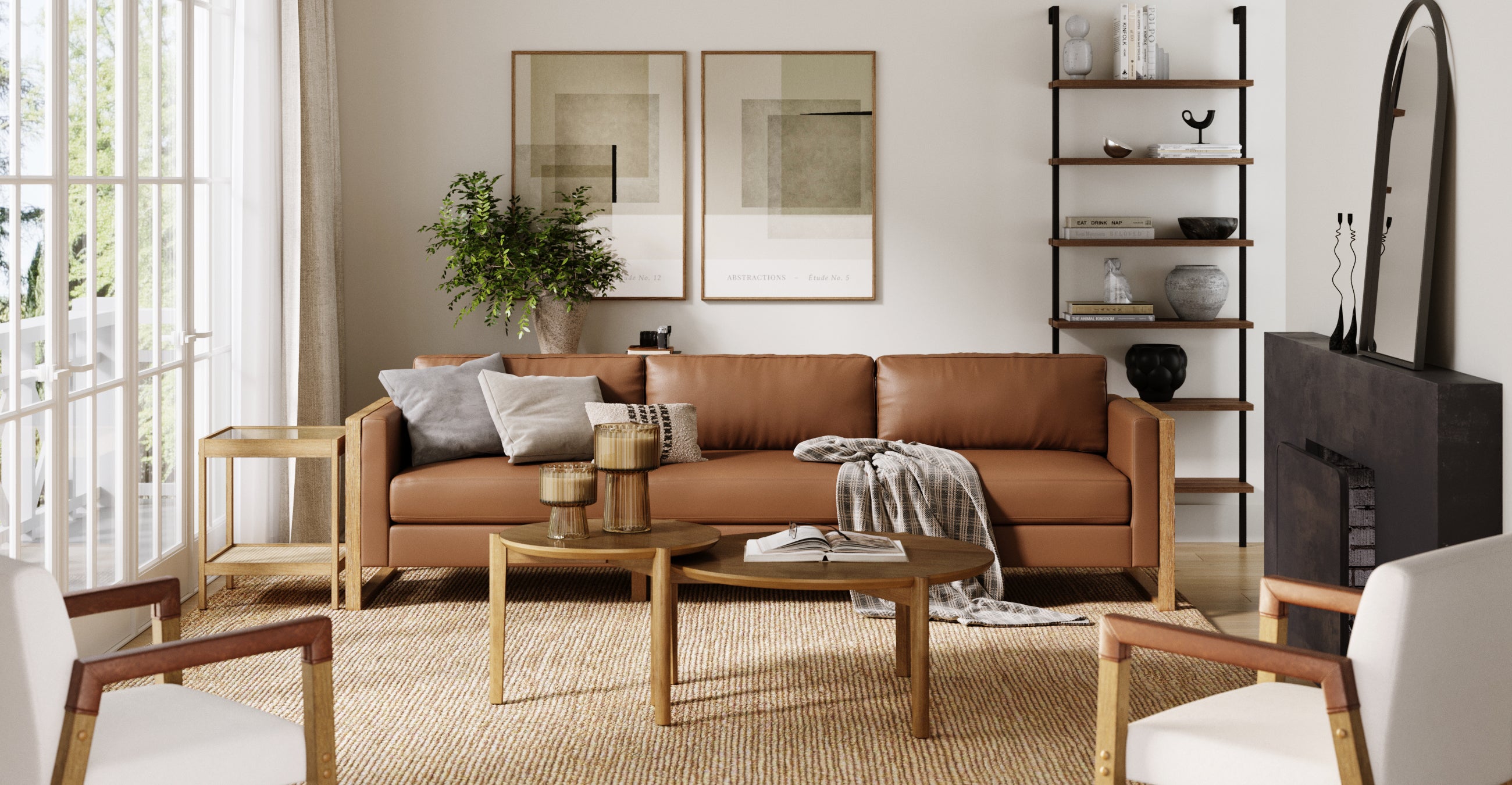 A modern living room with a tan leather sofa, neutral cushions, wooden tables, a rug, two white chairs, wall art, shelves with decor, a plant, and large windows letting in natural light.