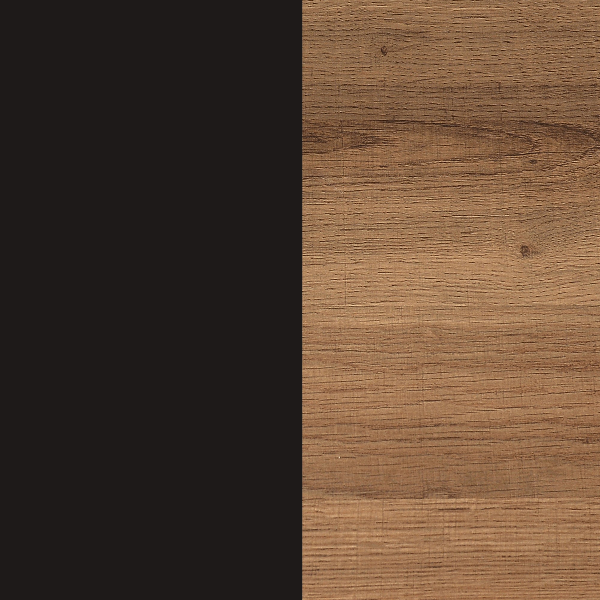 An image split vertically in half: the left side is solid black, while the right side shows a light brown wood texture with visible grain patterns.
