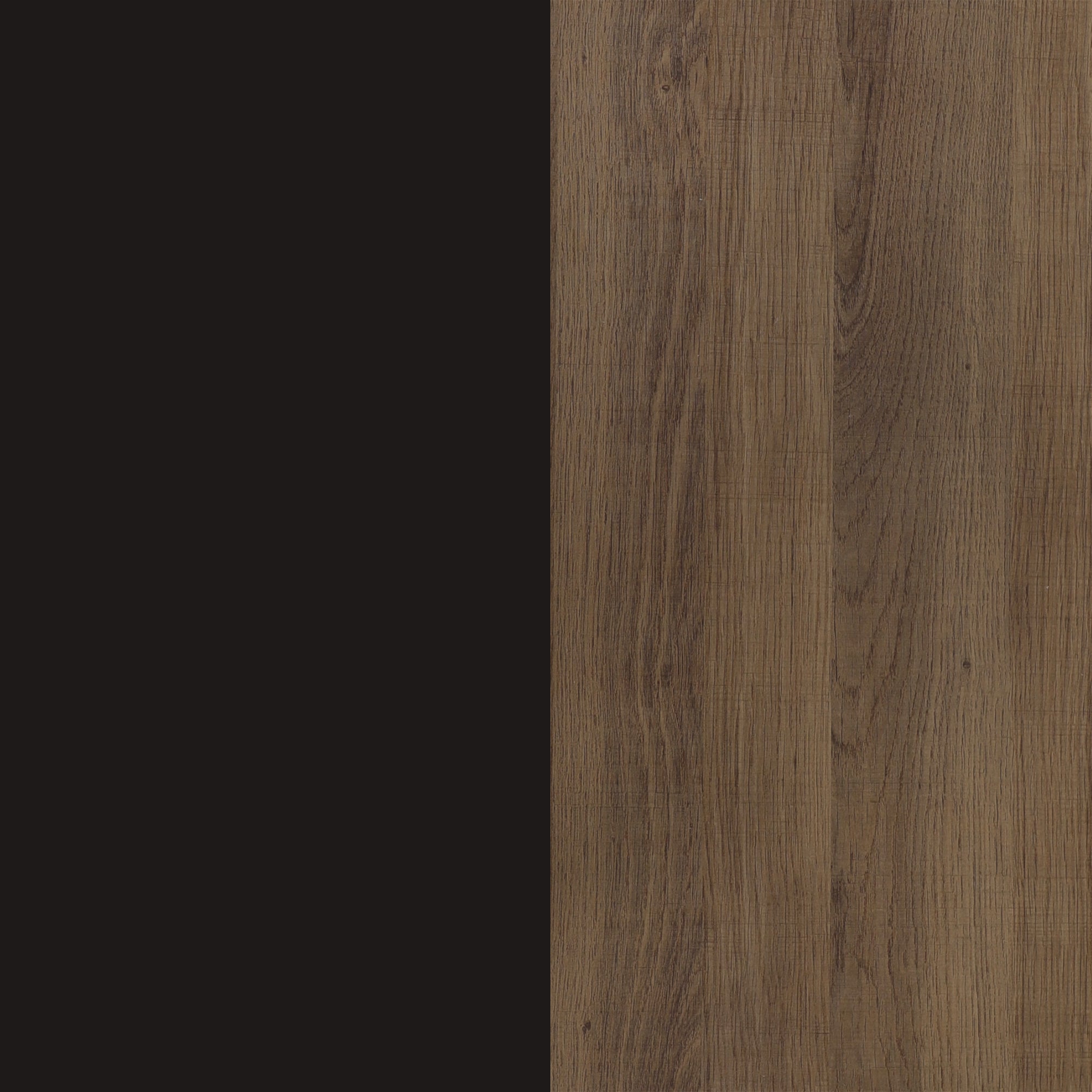 Image split vertically: the left half is solid black, and the right half shows a natural wood texture with brown tones and visible wood grain patterns.