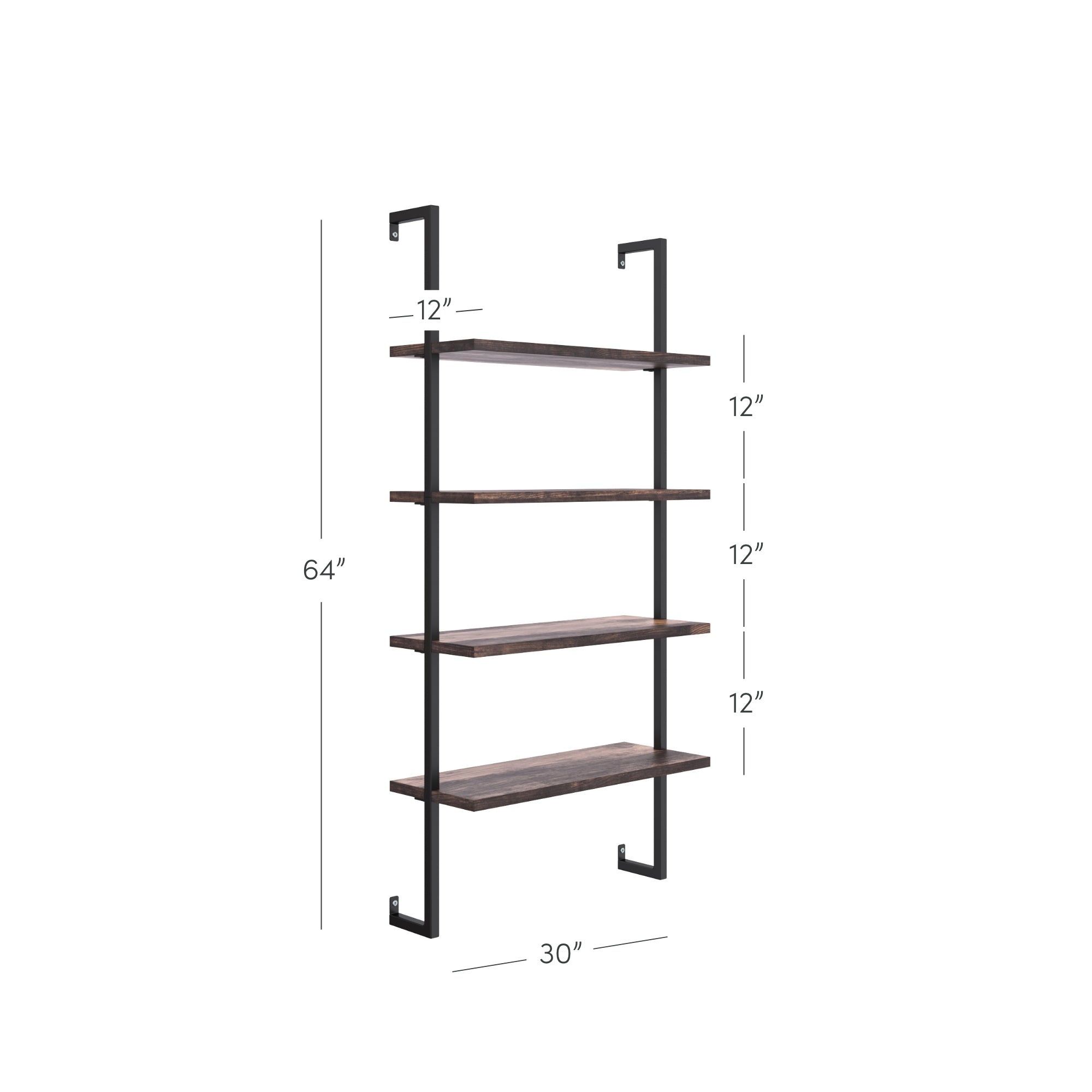 Wall-mounted shelving unit with four wooden shelves and black metal frame. Shelves are 12 inches deep, 30 inches wide, and spaced 12 inches apart. The total height is 64 inches.
