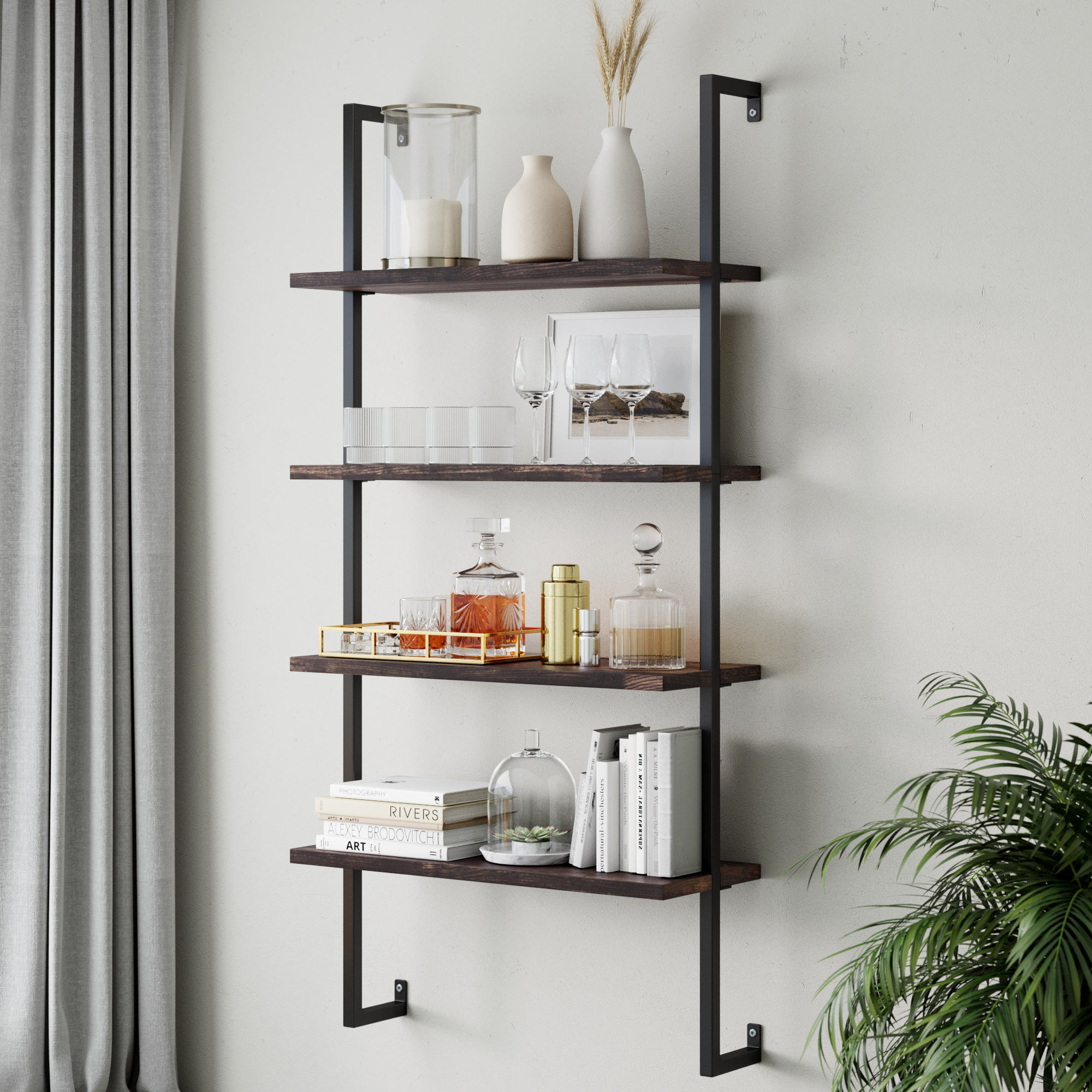 The Nathan James Wood & Metal 4-Shelf Floating Bookshelf in Nutmeg features four dark wood shelves for displaying glassware, decanters, vases, books, and decor. A curtain is on the left and a green plant sits in the lower right corner.