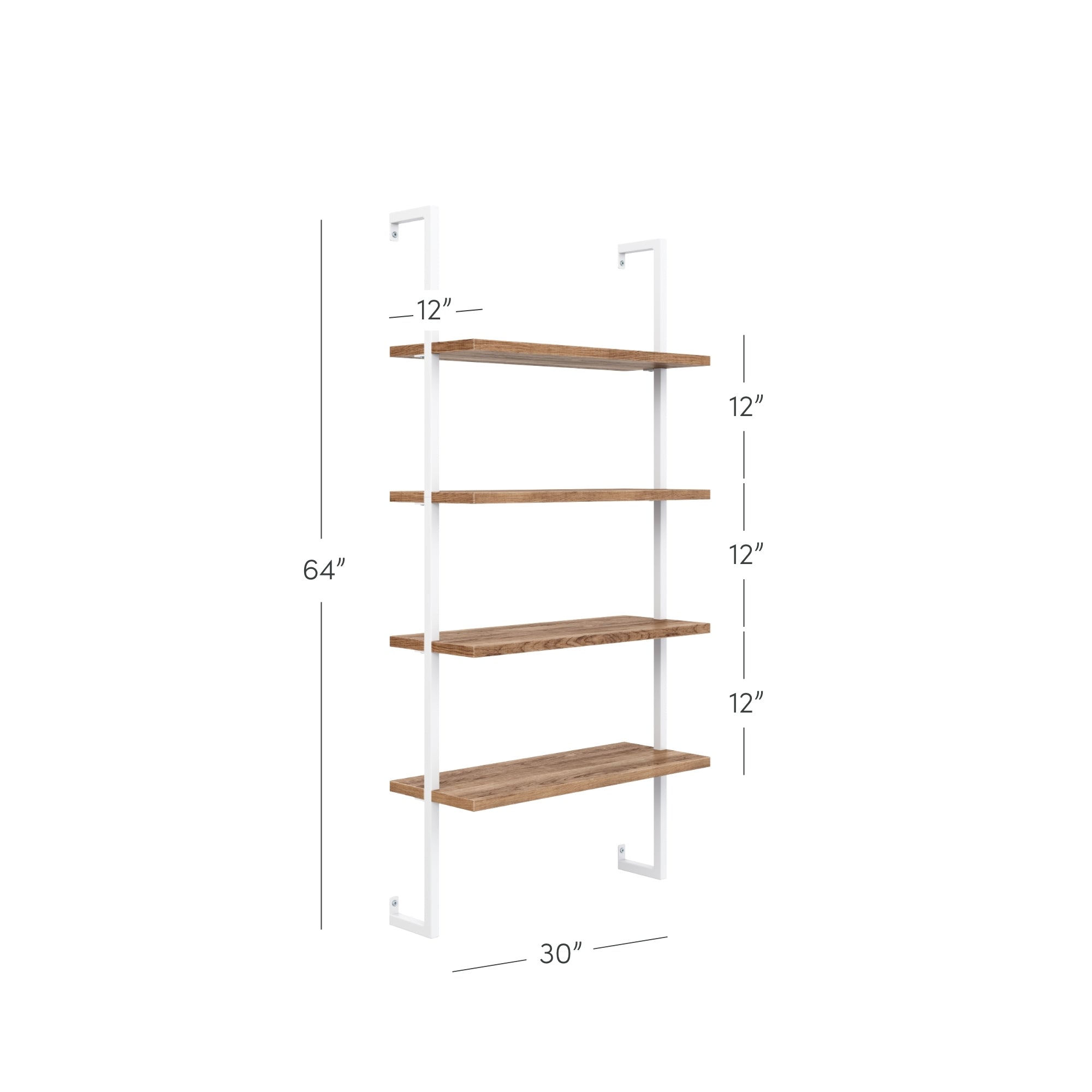 A wall-mounted shelving unit with four wooden shelves, white metal supports, measuring 64 inches tall, 30 inches wide, each shelf 12 inches apart and 12 inches deep.