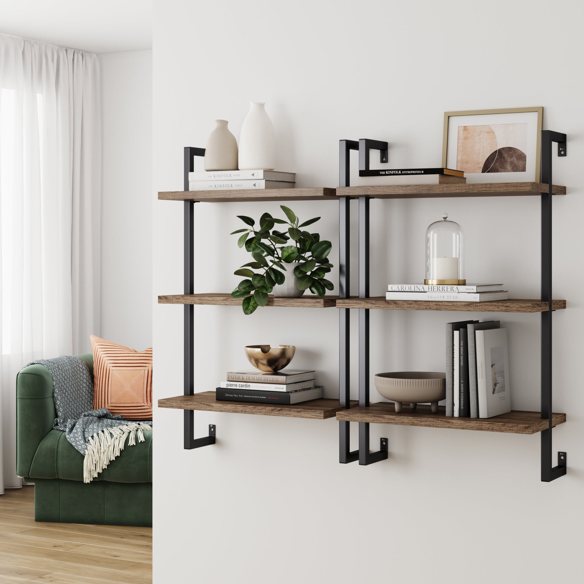 3-Shelf Ladder Bookshelf Oak Matte Black (Set of 2)