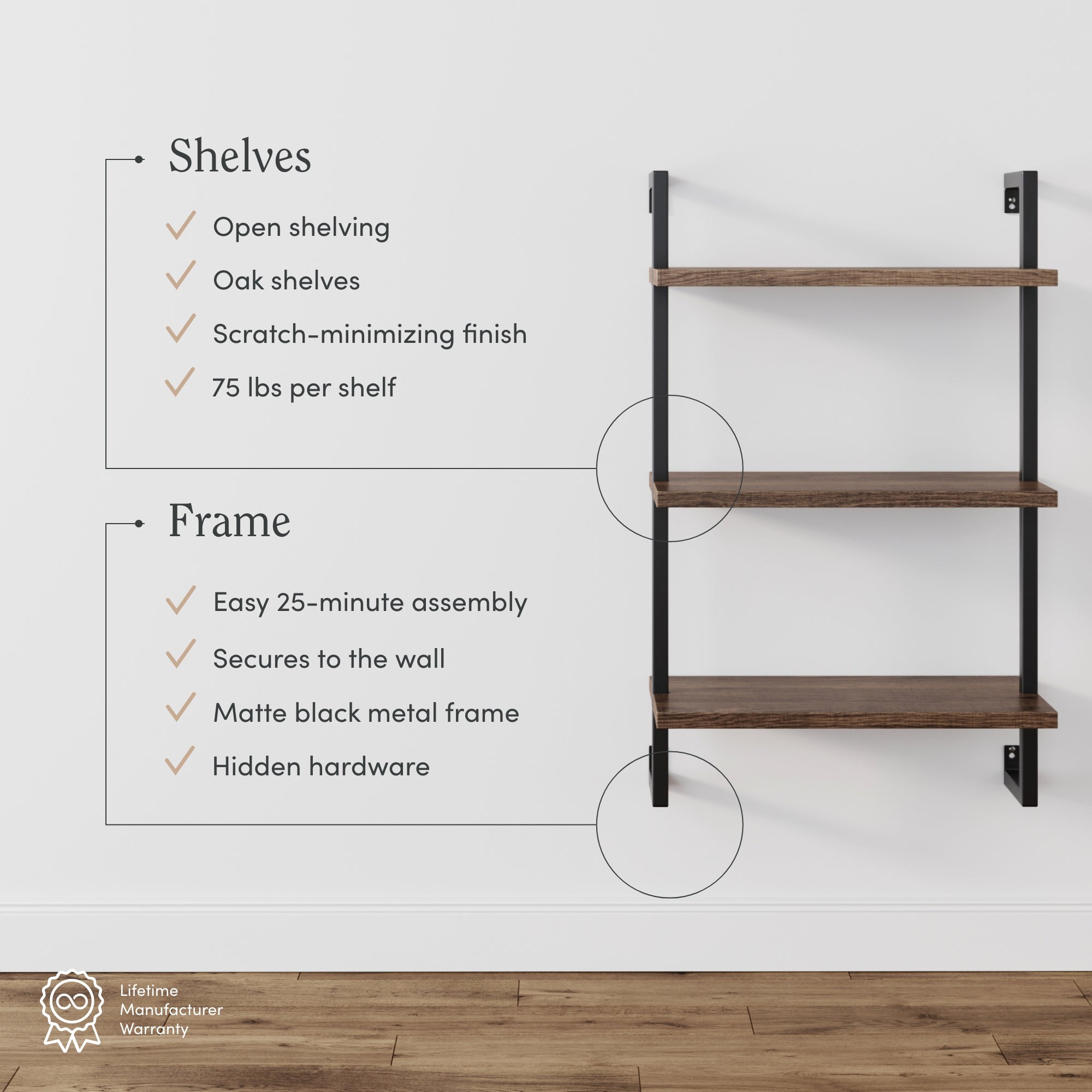 Wall-mounted shelving unit with three oak shelves and a black metal frame, displayed with features: open shelving, scratch-minimizing finish, 75 lbs per shelf, easy assembly, wall-secured, and hidden hardware.