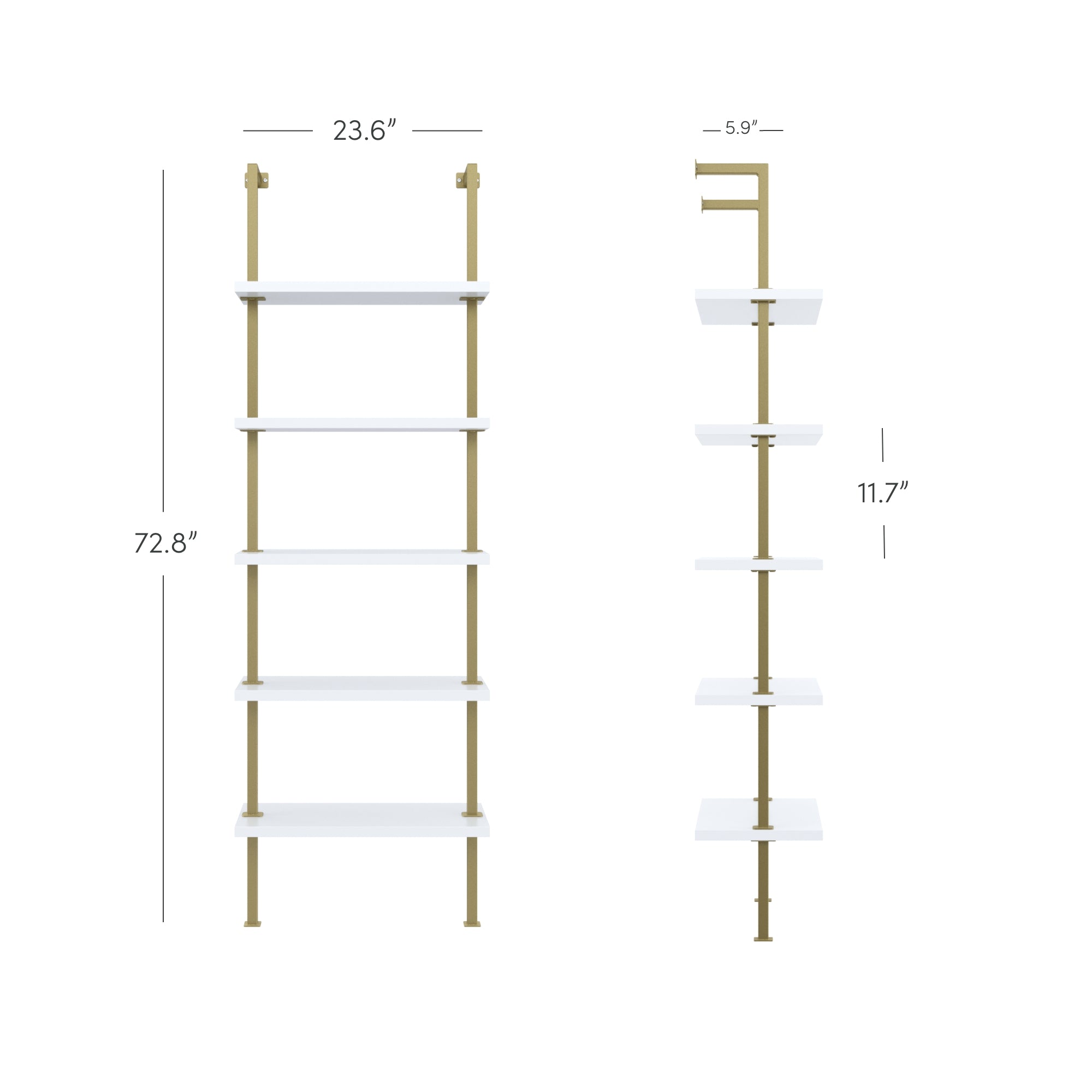 Front and side views of a 5-tier wall-mounted shelf unit with gold frame and white shelves. Dimensions: 72.8 tall, 23.6 wide, 5.9 deep; shelves spaced 11.7 apart.