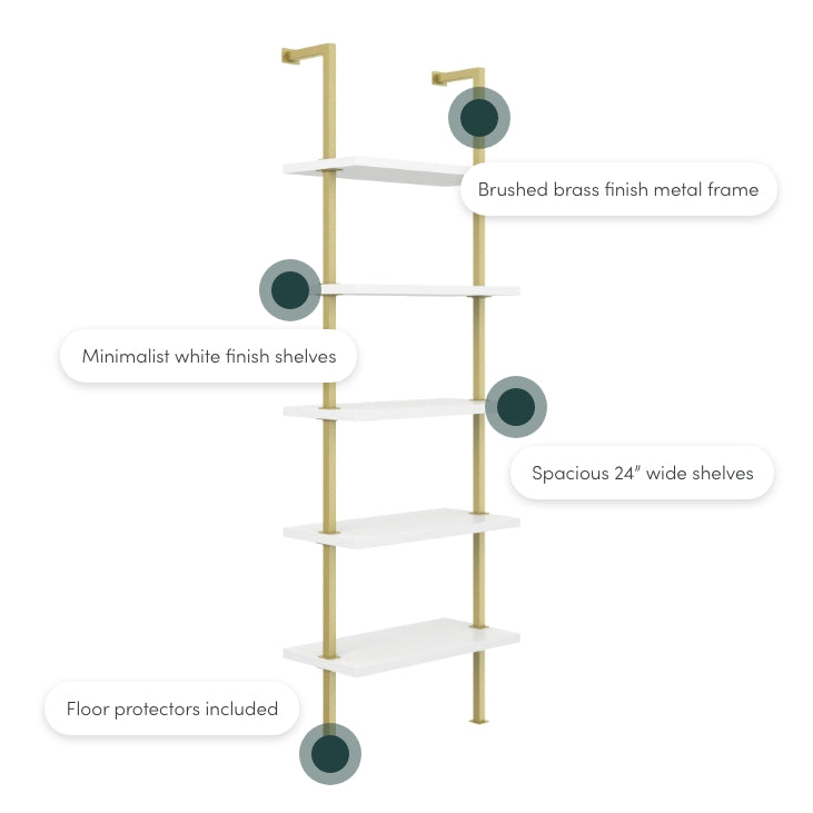 Modern wall-mounted shelving unit with a brushed brass metal frame, four minimalist white shelves, 24-inch wide shelves, and included floor protectors, displayed on a white background with text labels describing features.