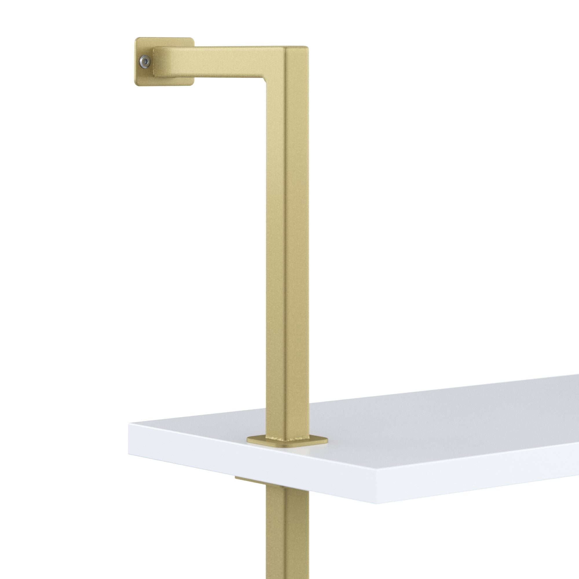 A gold metal support bracket is attached to the edge of a white shelf, extending vertically and then horizontally to connect to the wall.