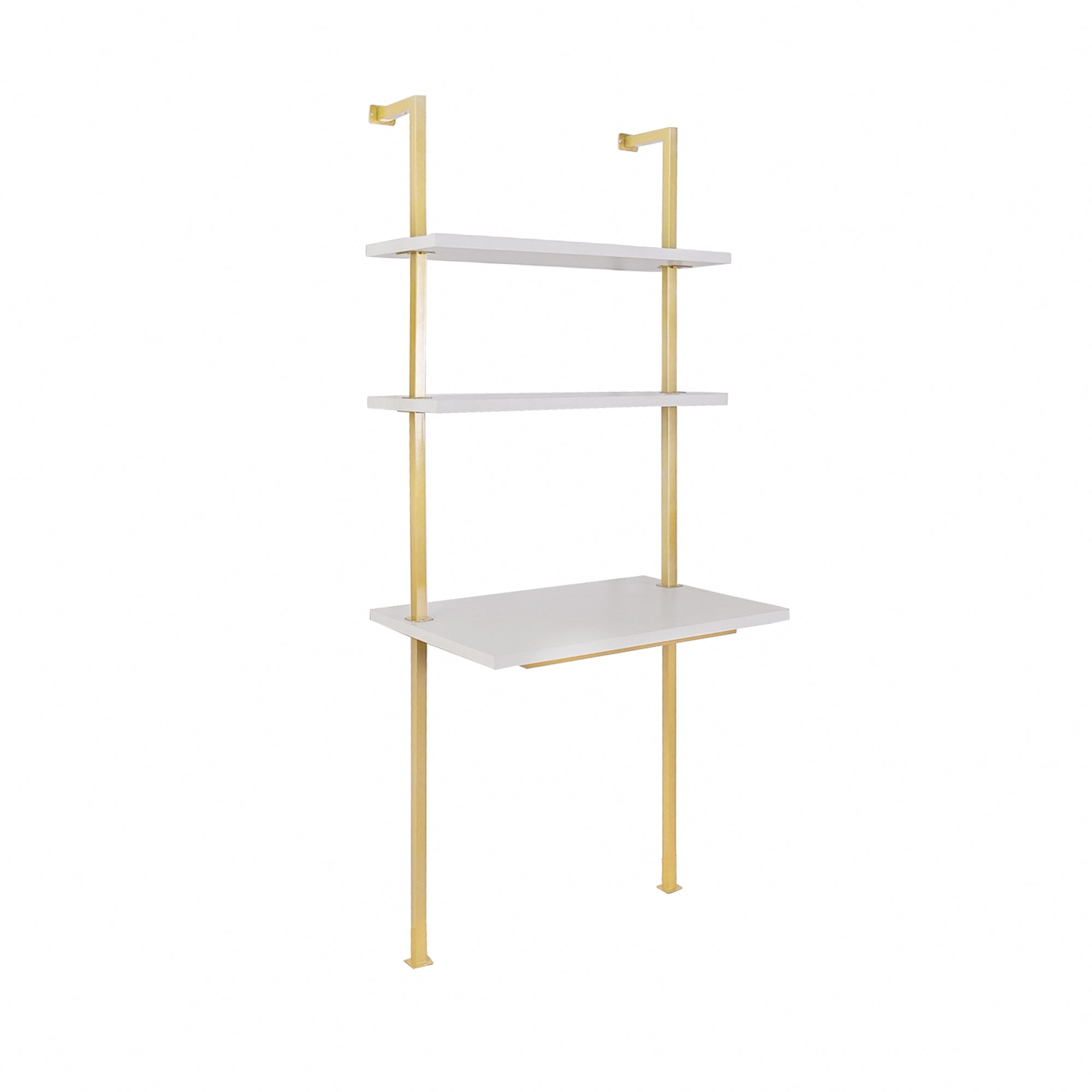 A modern wall-mounted shelving unit with two white shelves and a white desk surface, supported by gold-colored metal brackets and vertical supports.