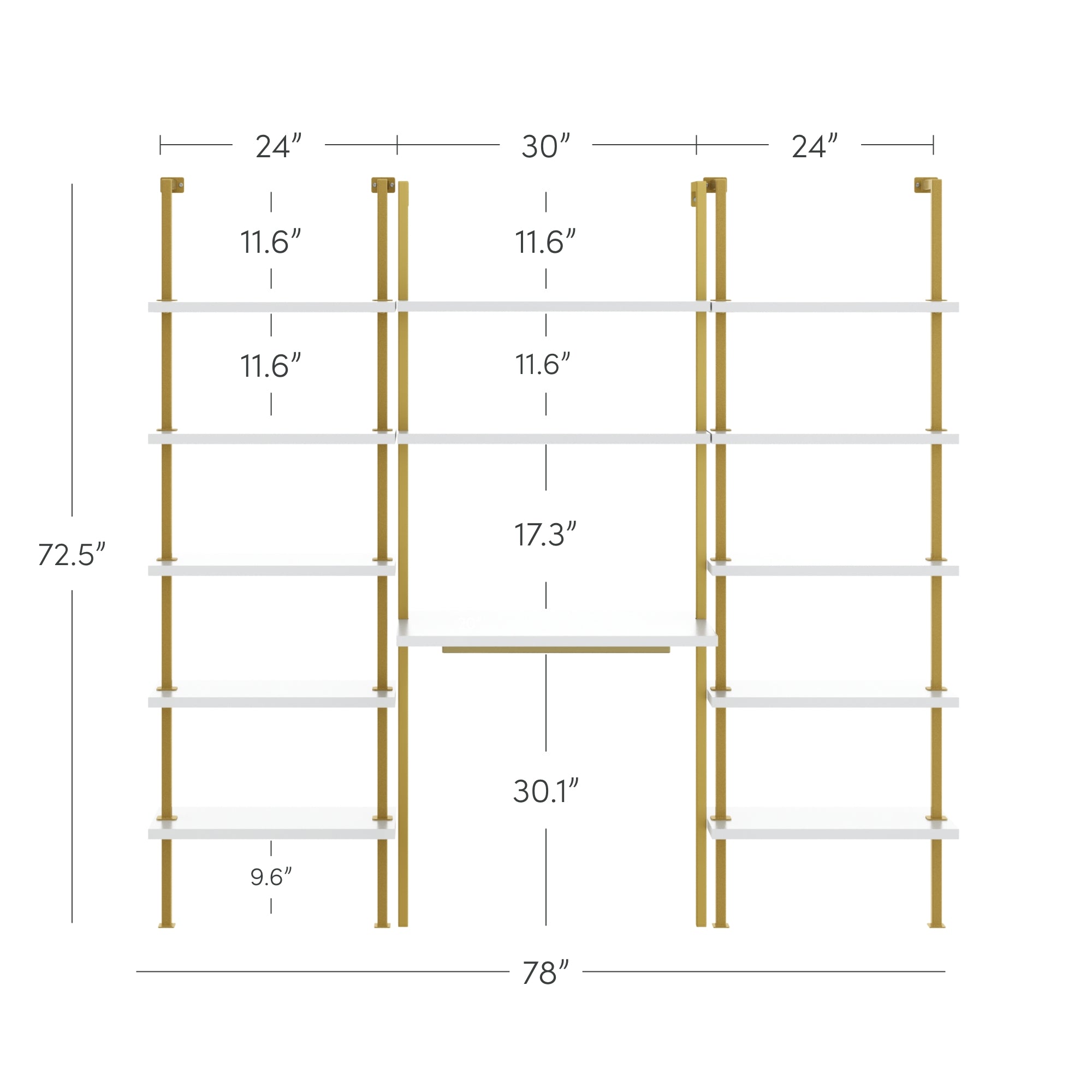 Diagram of a wall shelving unit with gold vertical supports and white shelves. The unit is 78 wide and 72.5 high, with shelves spaced at 11.6 or 9.6 intervals and a central desk area 30.1 high and 30 wide.