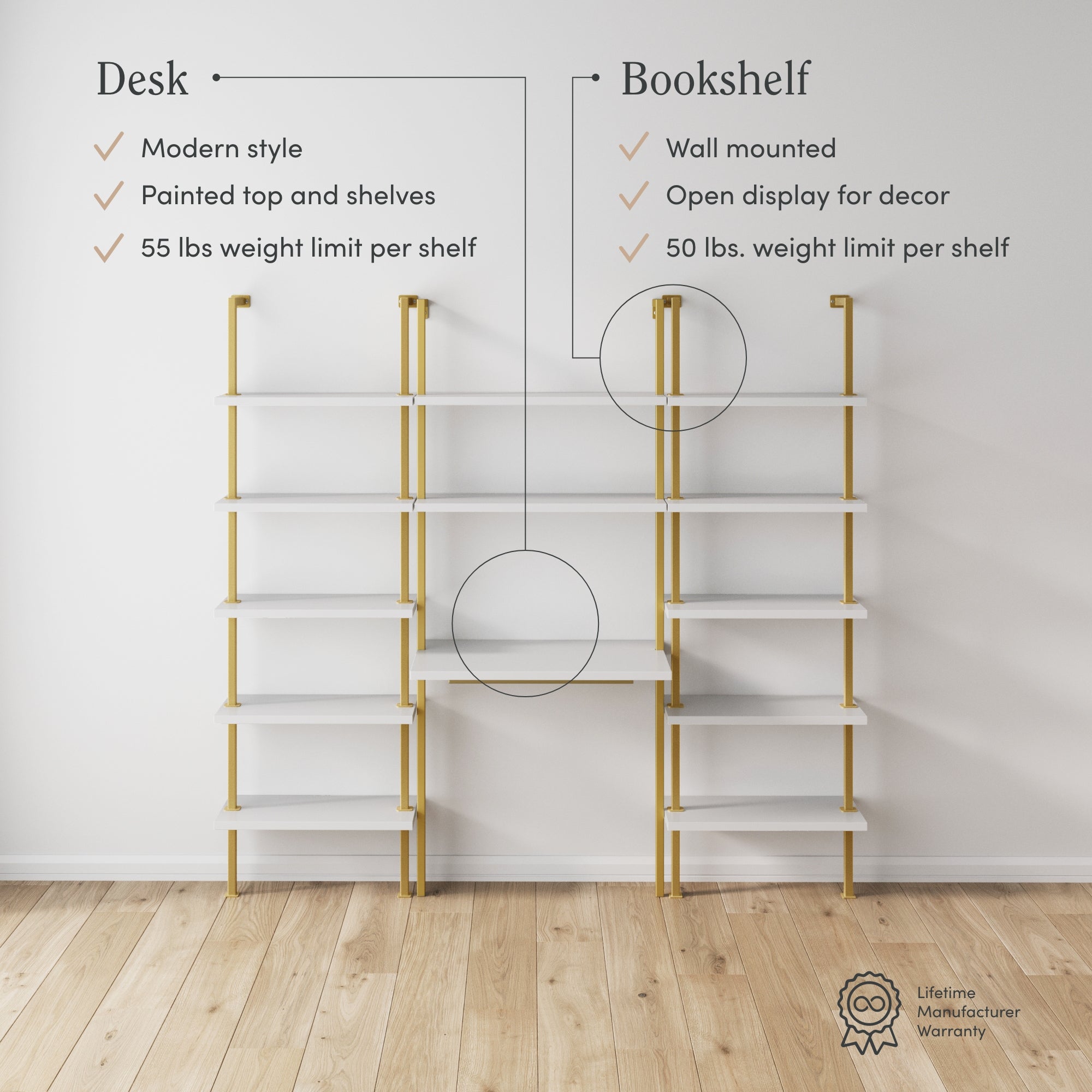 A white and gold modern shelving unit stands against a wall, divided into a desk on the left and bookshelf on the right, with labeled features and weight limits for each. A Lifetime Manufacturer Warranty icon is in the bottom right corner.