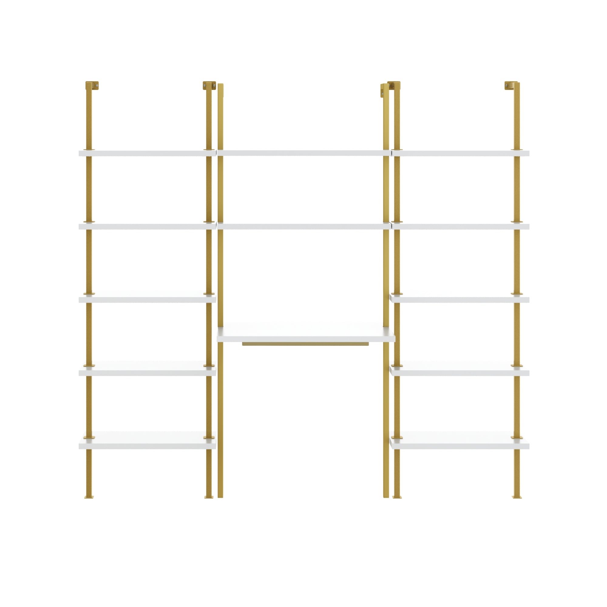 Minimalist shelving unit with four vertical gold supports and eight white shelves, including a central lower shelf that functions as a desk, all set against a plain white background.