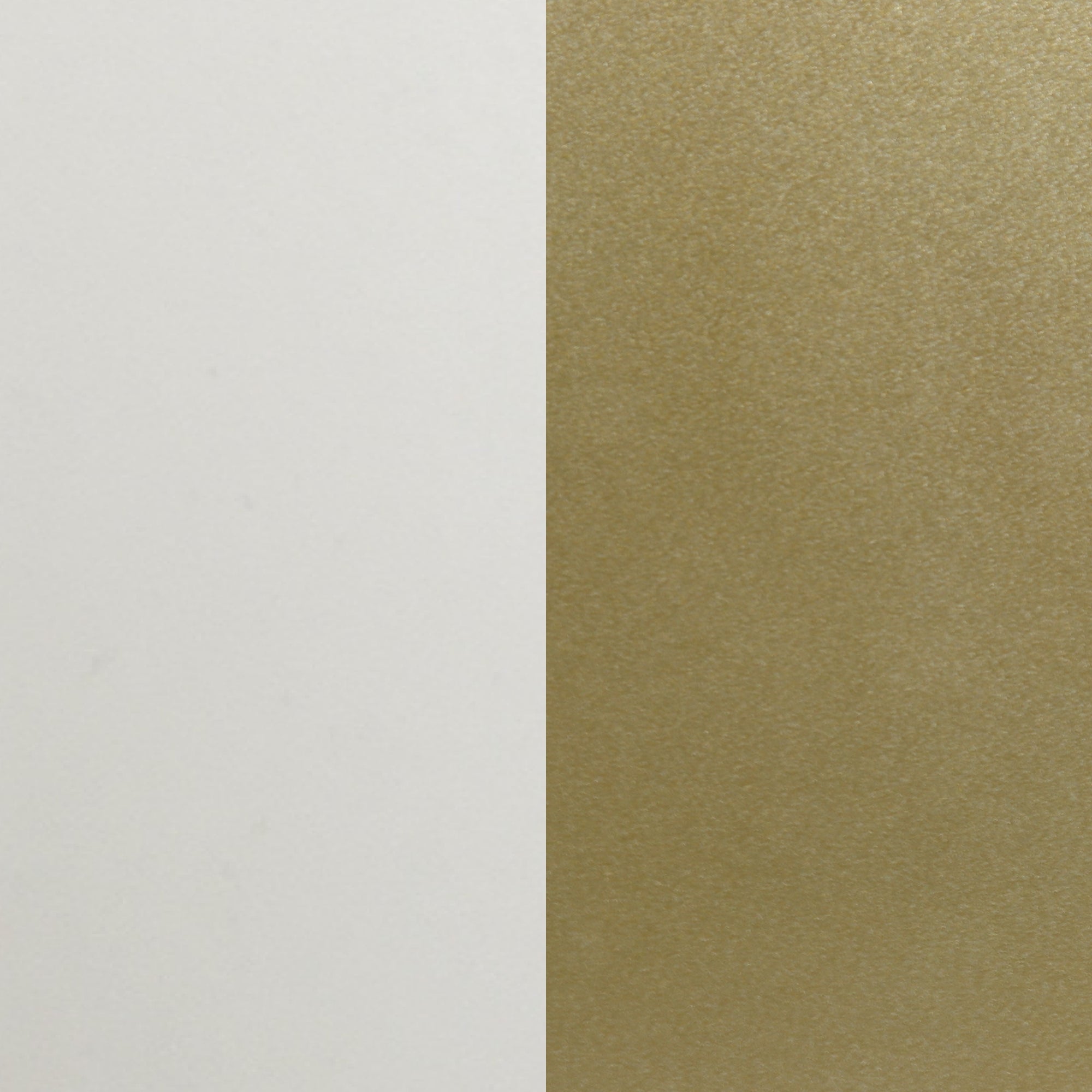 A vertical split image with the left half in a smooth, light gray color and the right half in a textured gold shade.