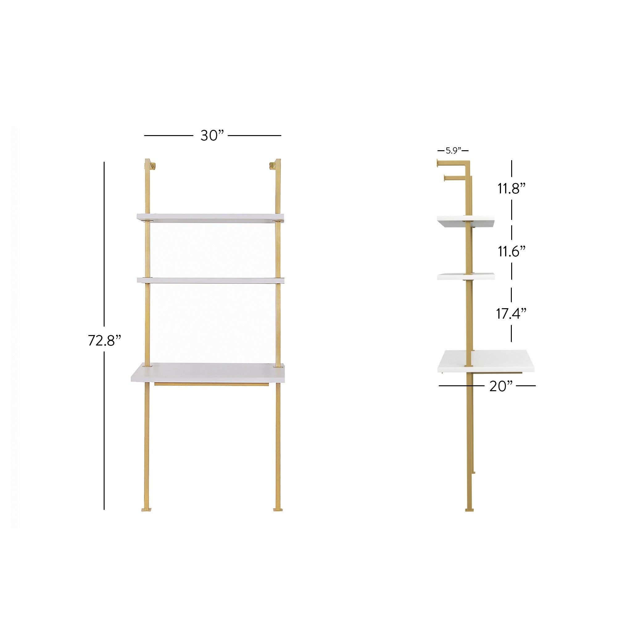 A gold and white wall-mounted desk with three shelves. Dimensions: 72.8 high, 30 wide, 20 deep. Shelf heights: 11.8, 11.6, and 17.4. Side and front views with measurements are shown.