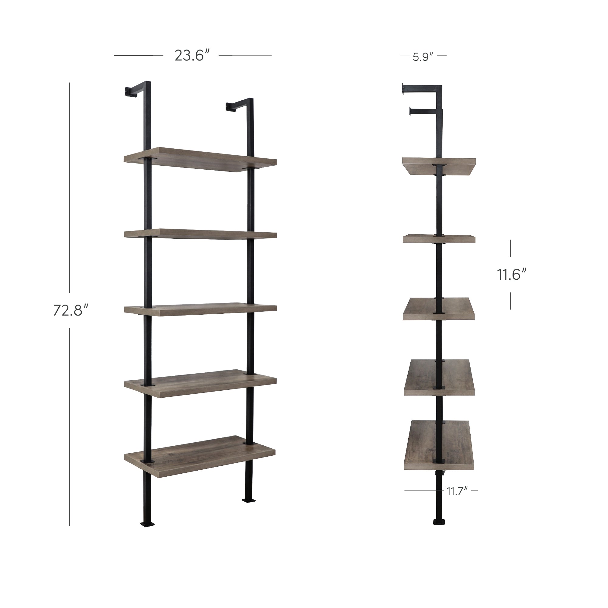 Industrial-style wall-mounted shelving unit with five wooden shelves and black metal frame. Dimensions are 72.8 tall, 23.6 wide, 11.7 deep, and shelves are spaced 11.6 apart.