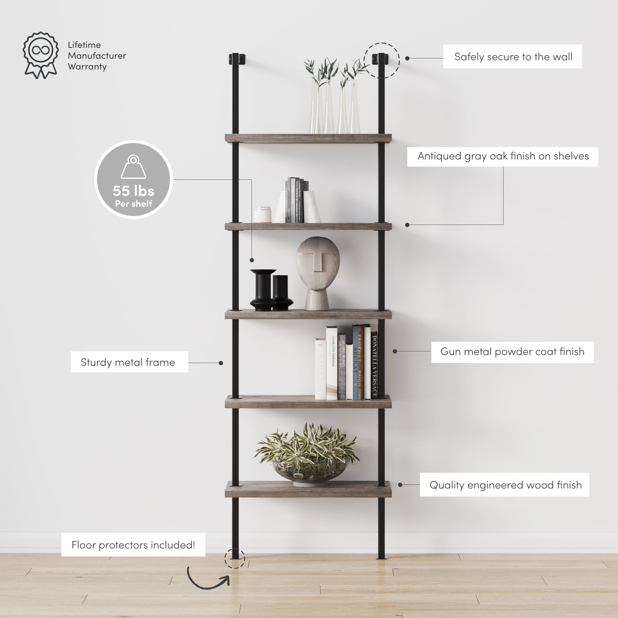 A tall bookshelf with five shelves, metal frame, and gray oak finish is described with labels highlighting its wall security, sturdy frame, gunmetal finish, engineered wood, 55 lbs shelf weight, and floor protectors.