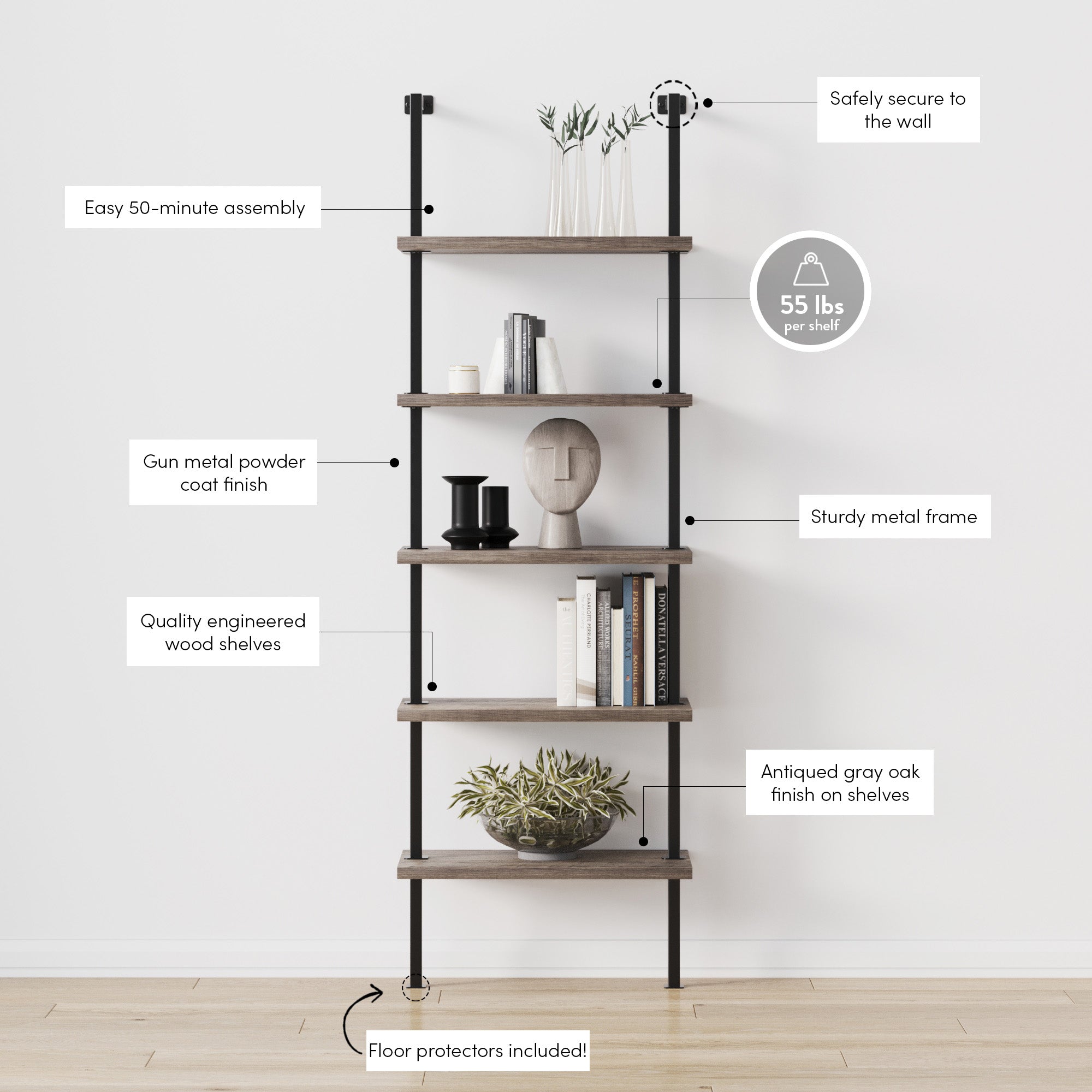 A modern five-tier bookshelf with metal frame, gray oak wood shelves, plants, books, and decor. Text annotations highlight features: 50-minute assembly, sturdy frame, 55 lbs per shelf, wall secure, floor protectors, and more.