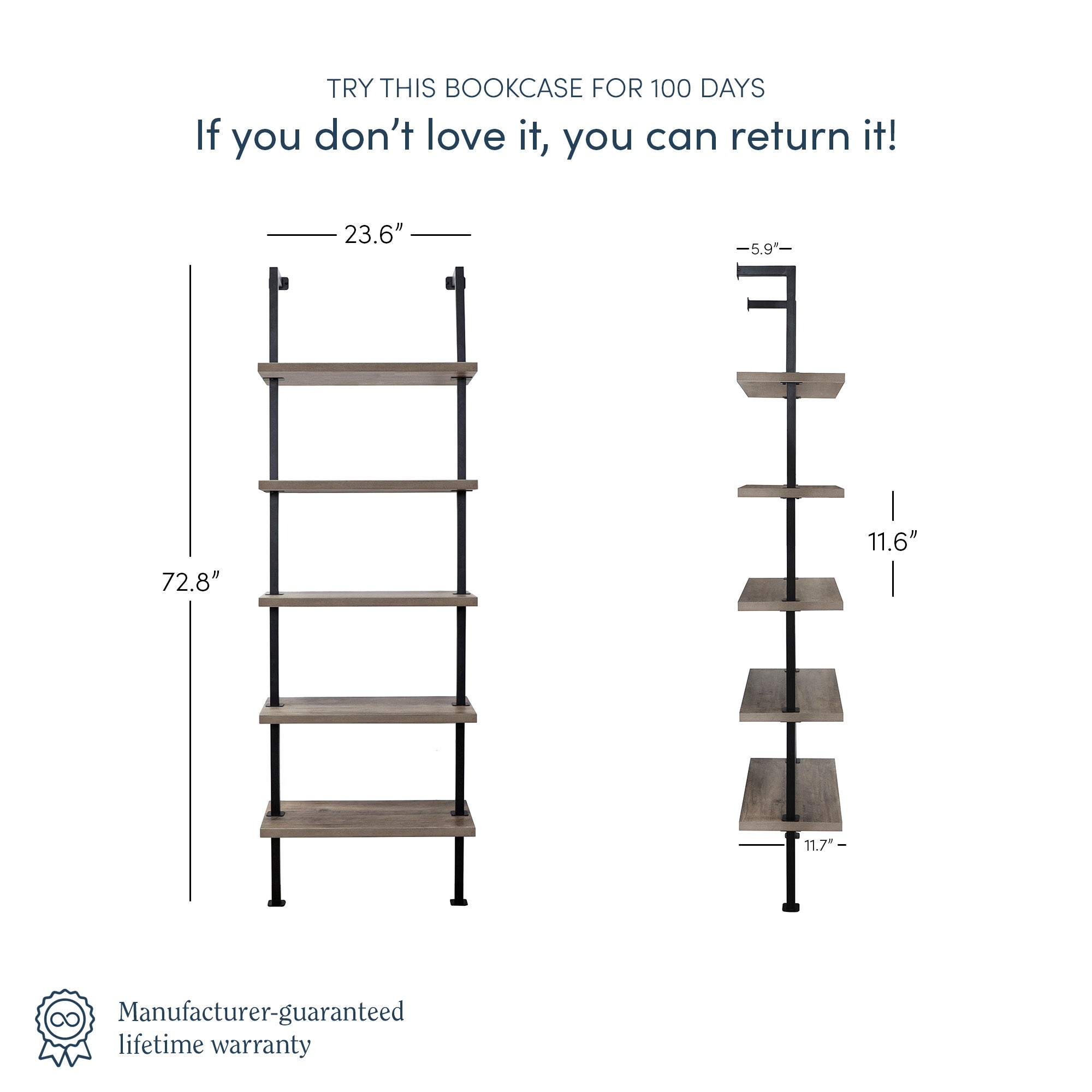 Front and side views of a five-shelf bookcase with measurements: 72.8 tall, 23.6 wide, 11.7 deep, and shelf depth of 9.5 to 11.6. Text mentions a 100-day return policy and lifetime warranty.